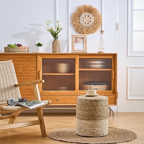 Miniatura 4 de Wimarsbon Pufs otomanos, puf de hierba marina 100% natural, taburete redondo tejido a mano con marco de madera, reposapiés trenzado sentado, asiento