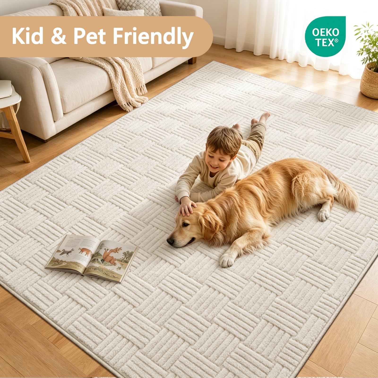 Alfombra Salón, Alfombra Suave, Fácil de Cuidar y Lavable a Máquina para Dormitorio, Alfombra Antideslizante de Pelo Corto, Alfombra Beige para Salón (Beige, 200 x 300 cm)