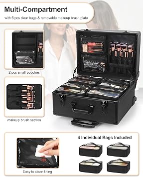 Relavel Rolling Makeup Case Cosmetology Case on Wheels Professional Extra Large Travel Train Case for Makeup Artists, Trolley Suitcase for Cosmetic Nair Art Salon Storage Organizer with 6 Clear Bags