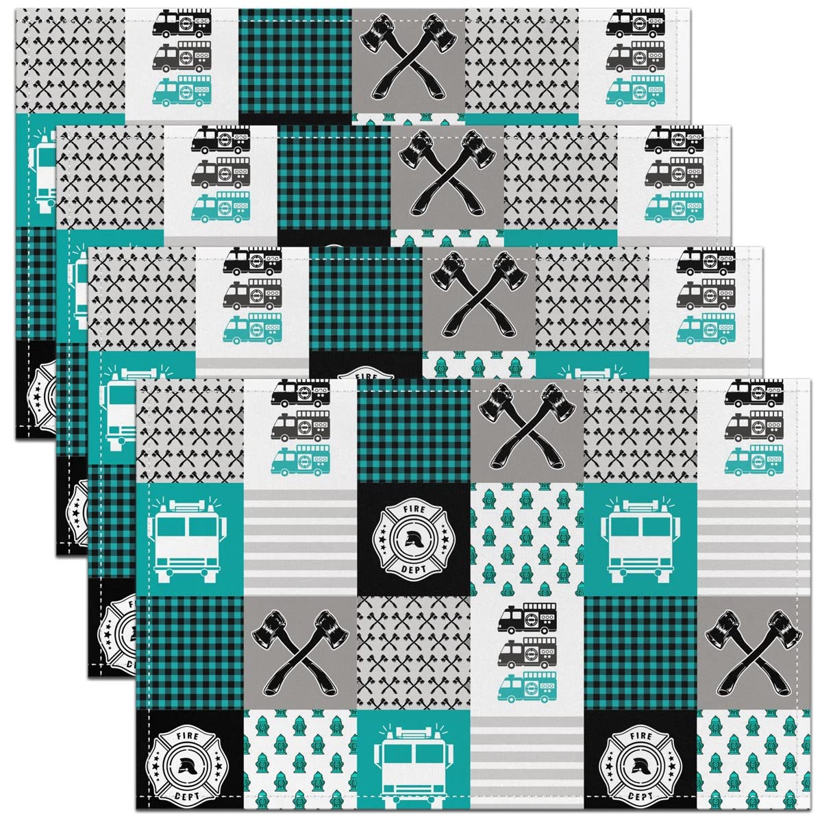 Cartoon Fire Truck Car Table Place Mats Firefighter Placemats Set of 4 Fire Engine Placemat for Kitchen Dining Table Decoration Firemen Car Vehicle Place Mats Geometric Lattice Grid 45X30cm
