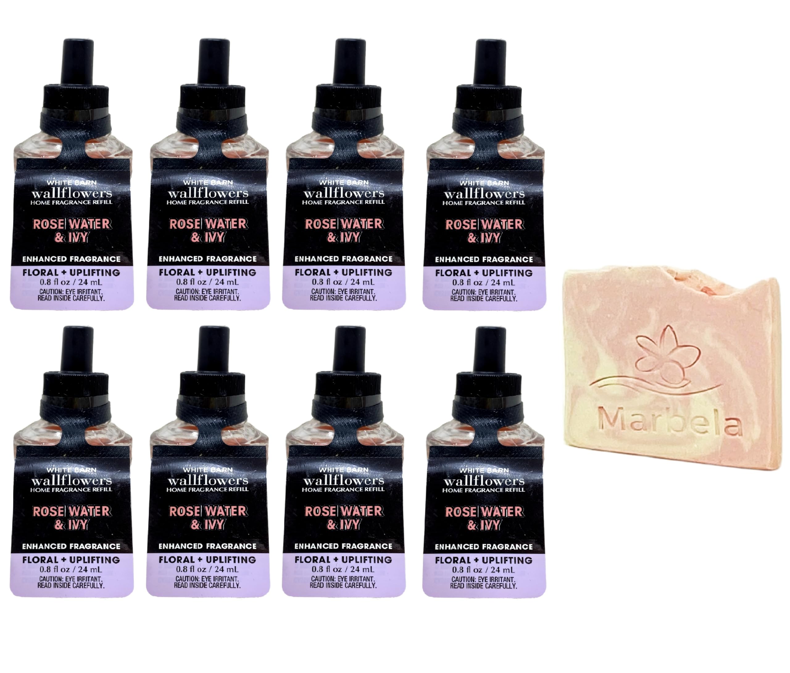 Bath & Body Works Rose Water & Ivy 8 Pack Wallflowers Fragrance with a Himalayan Salts Springs Sample Soap
