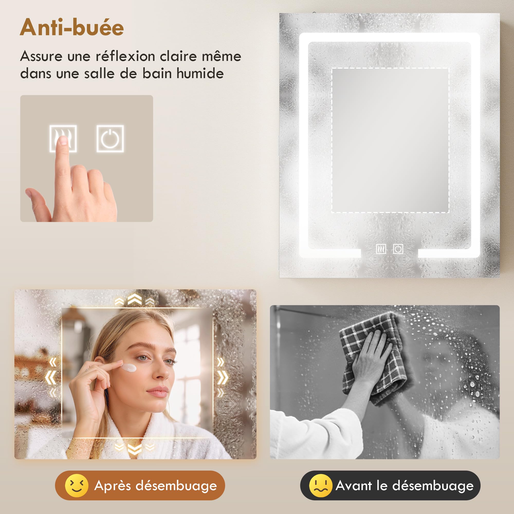 HOMCOM Armoire Murale Salle de Bain avec Miroir et éclairage LED, 50 x 15 x 60 cm, Meuble Salle de Bain avec Anti-buée, étagères réglables, 3 températures de lumière, Interrupteur Tactile, Blanc