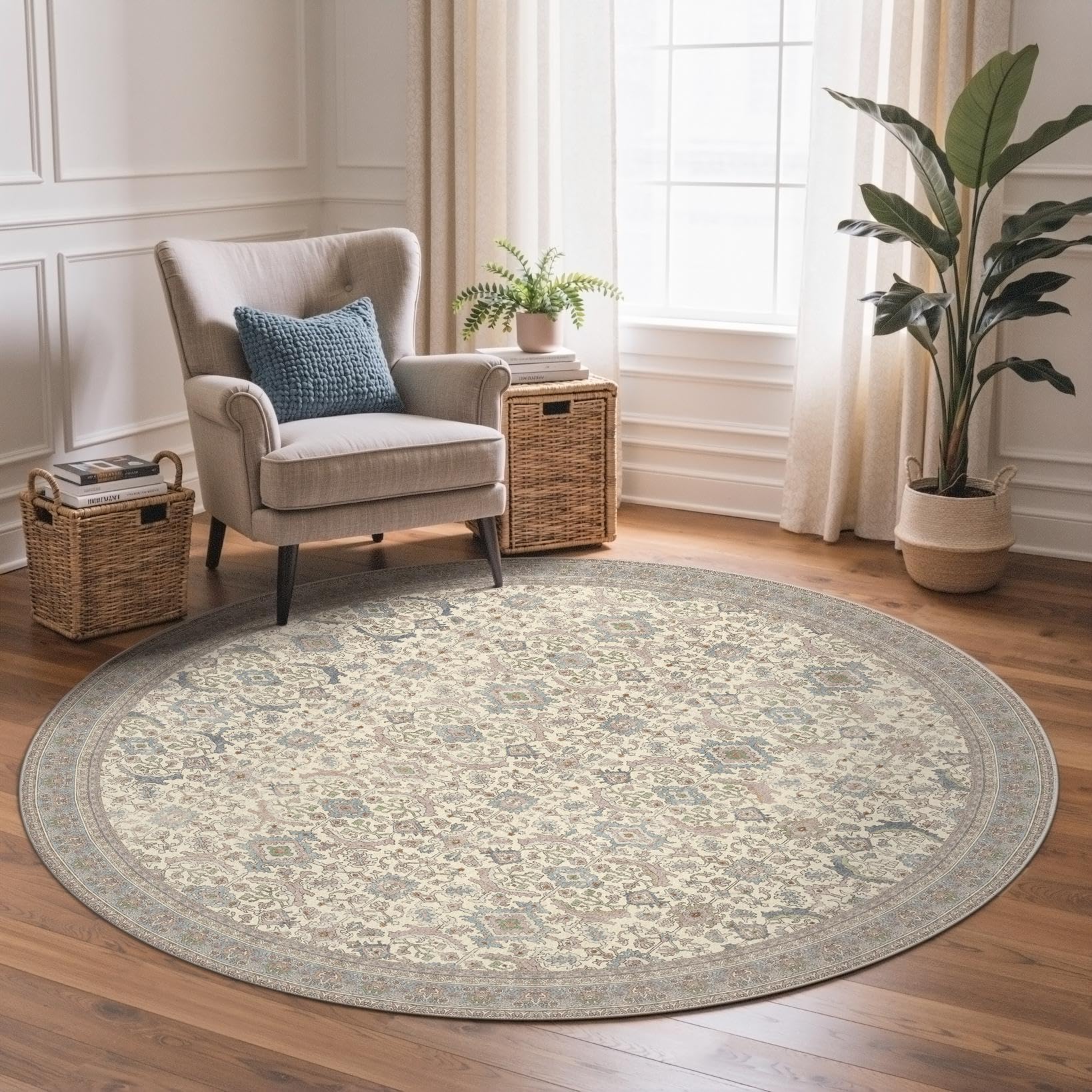 GENIMO Round Rug 120cm Oat Taupe Washable Non-Slip Hallway Carpet Vintage — image 1