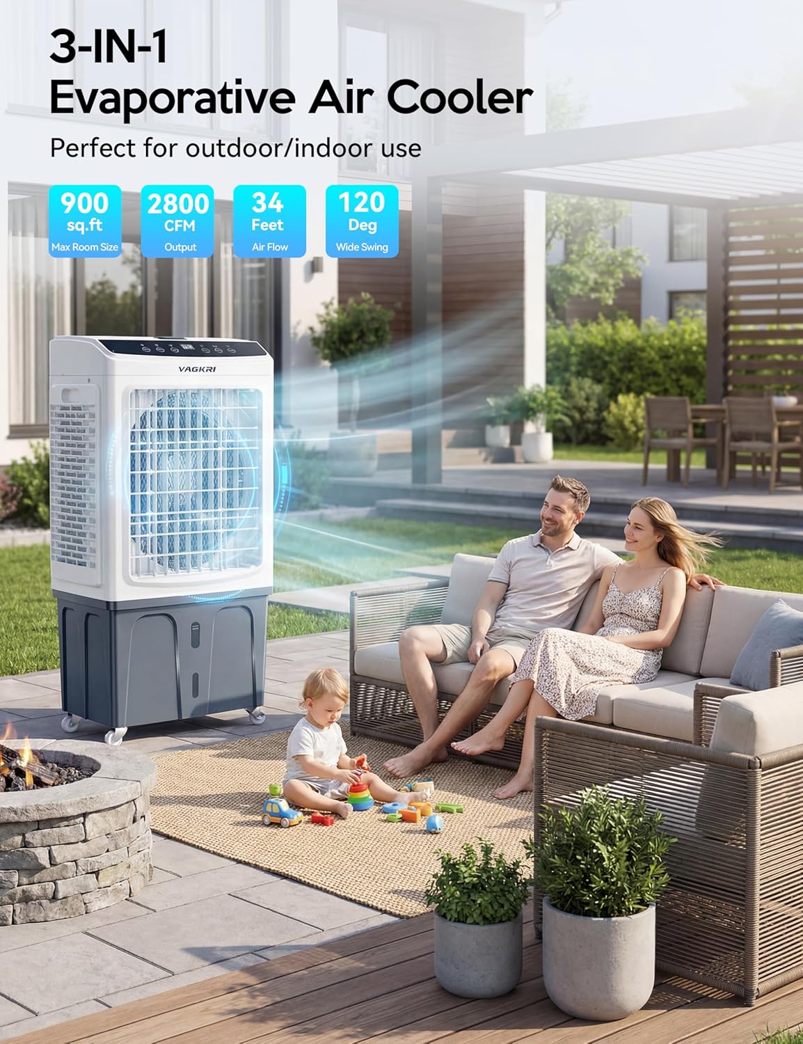 Evaporative Air Cooler, Outdoor Swamp Cooler 3-IN-1 Cooling Fan with Remote Control Water Self-filling, 24H Time, 3 Modes & Wind for Garage, Yard, Commercial Use