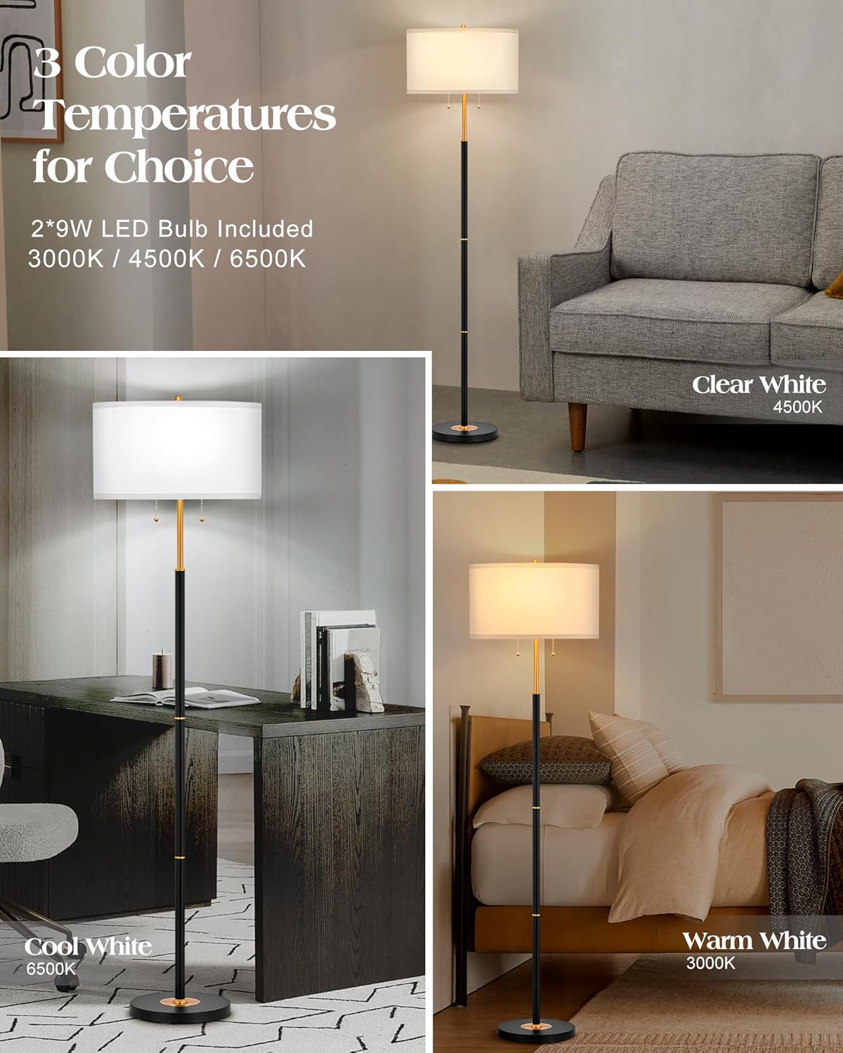 ELYONA 2-Light Floor Lamp Modern Reading Standing Light White Fabric Shade Vintage Tall Pole Corner Lamp for Bedroom Living Room Office 3 Color Temperatures LED Bulbs Include, Black & Brushed Gold