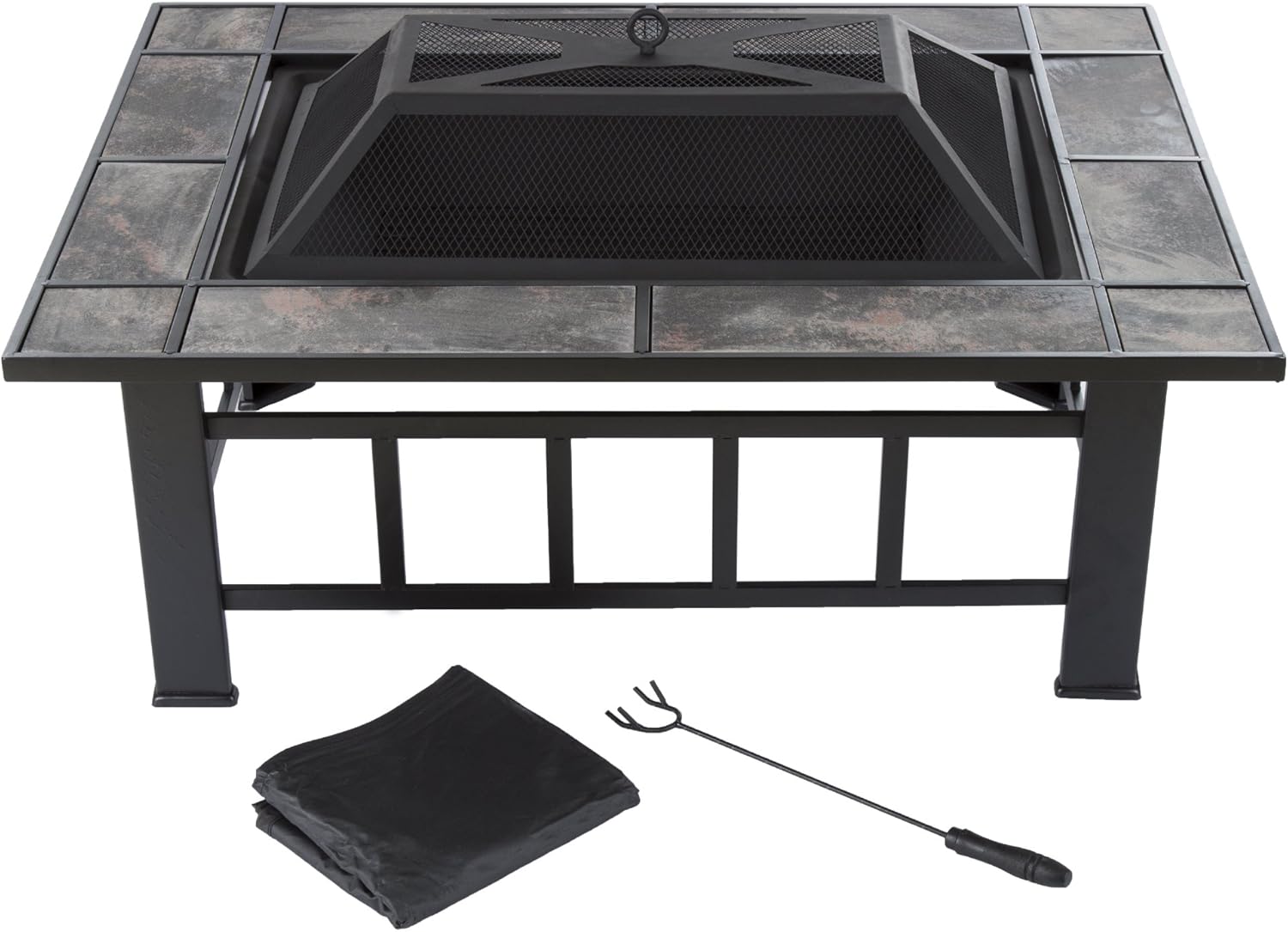 Product image of Fire Pit Set, Wood Burning Pit -Includes Screen, Cover and Log Poker- Great for Outdoor and Patio, 37” Marble Tile Rectangular Firepit by Pure Garden