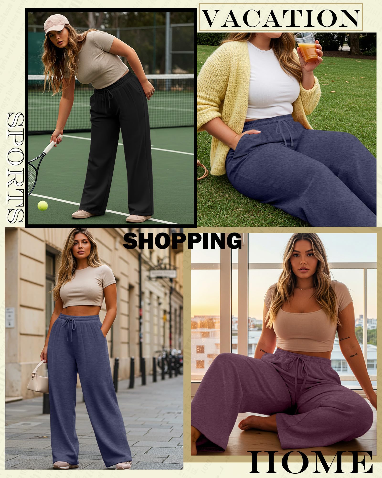 Neer Confezione da 3 pantaloni sportivi da donna, taglie forti, a gamba larga, a vita alta, con coulisse, per yoga, lounge, pantaloni aperti con tasche