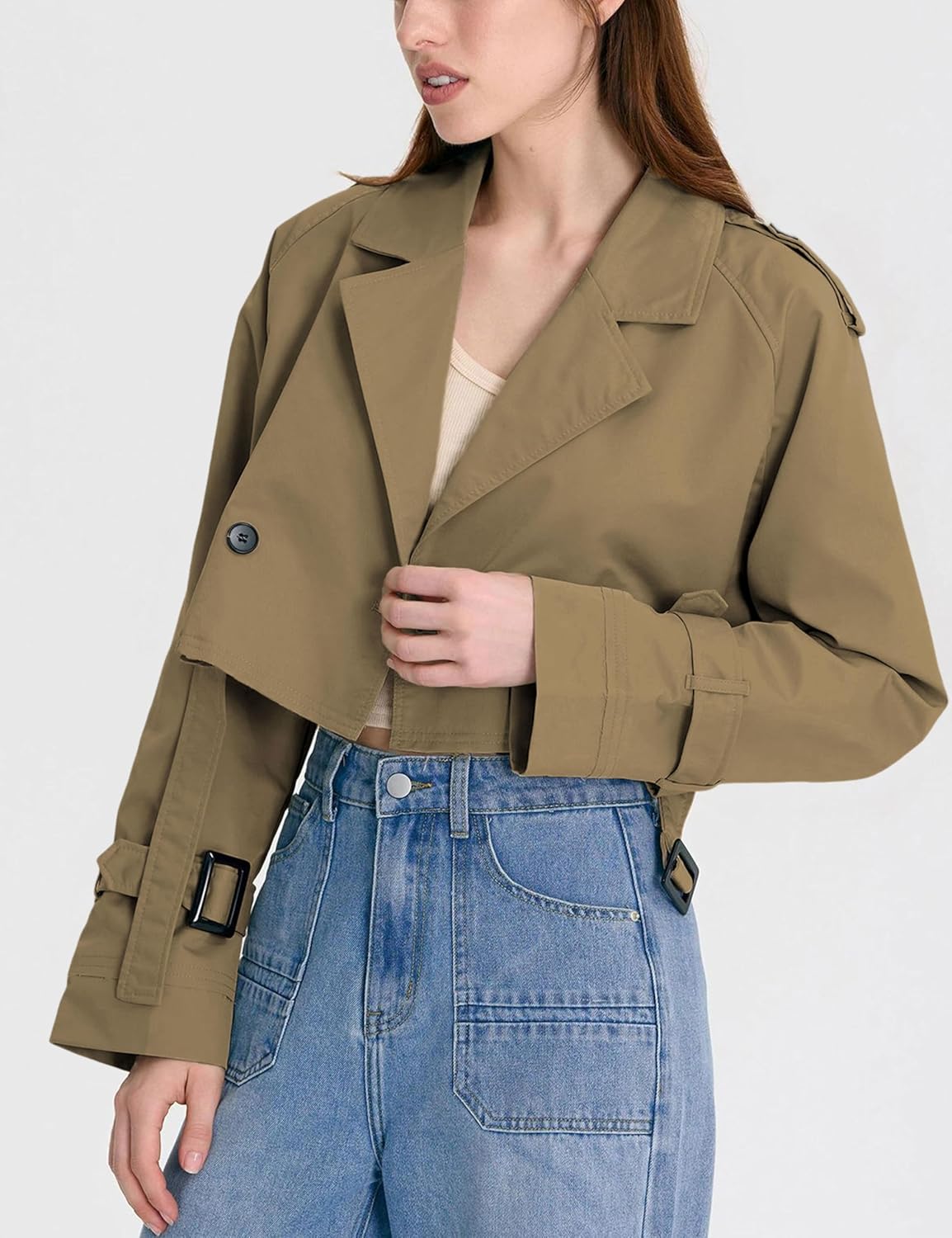 Xiaoxuemeng Womens Cropped Bike Jacket Casual Double Breasted Trench Coat with Belt - Image 6