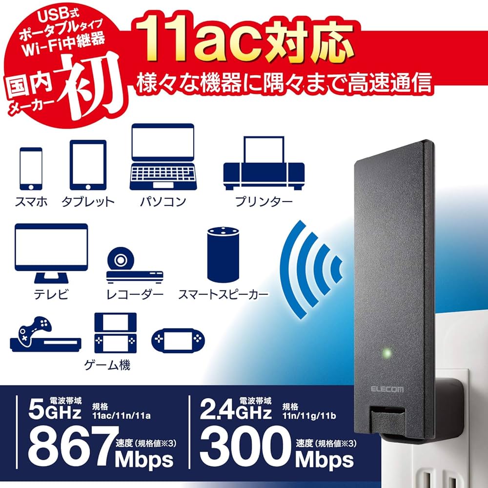 エレコム Wi-Fi 5 11ac 867+300Mbps無線LAN中継器 W… Wi-Fi 5(11ac) 867+300Mbps無線LAN中継器 - WTC-C1167GC-W