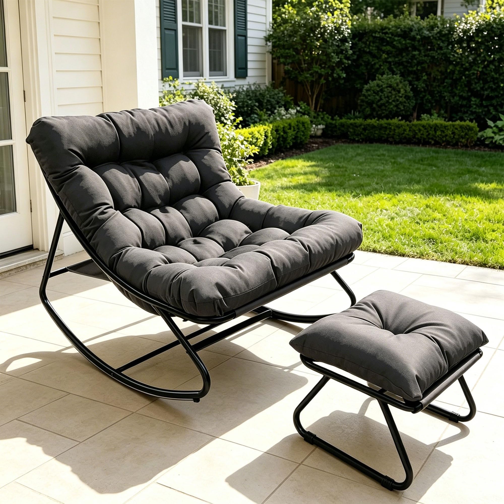 Schaukelstuhl Outdoor Wetterfester mit Gepolsterter,Schaukelsessel Wohnzimmer mit Hocker,XXL Loungesessel Outdoor bis 150kg,Stillsessel Bequem für Garten Balkon Terrasse