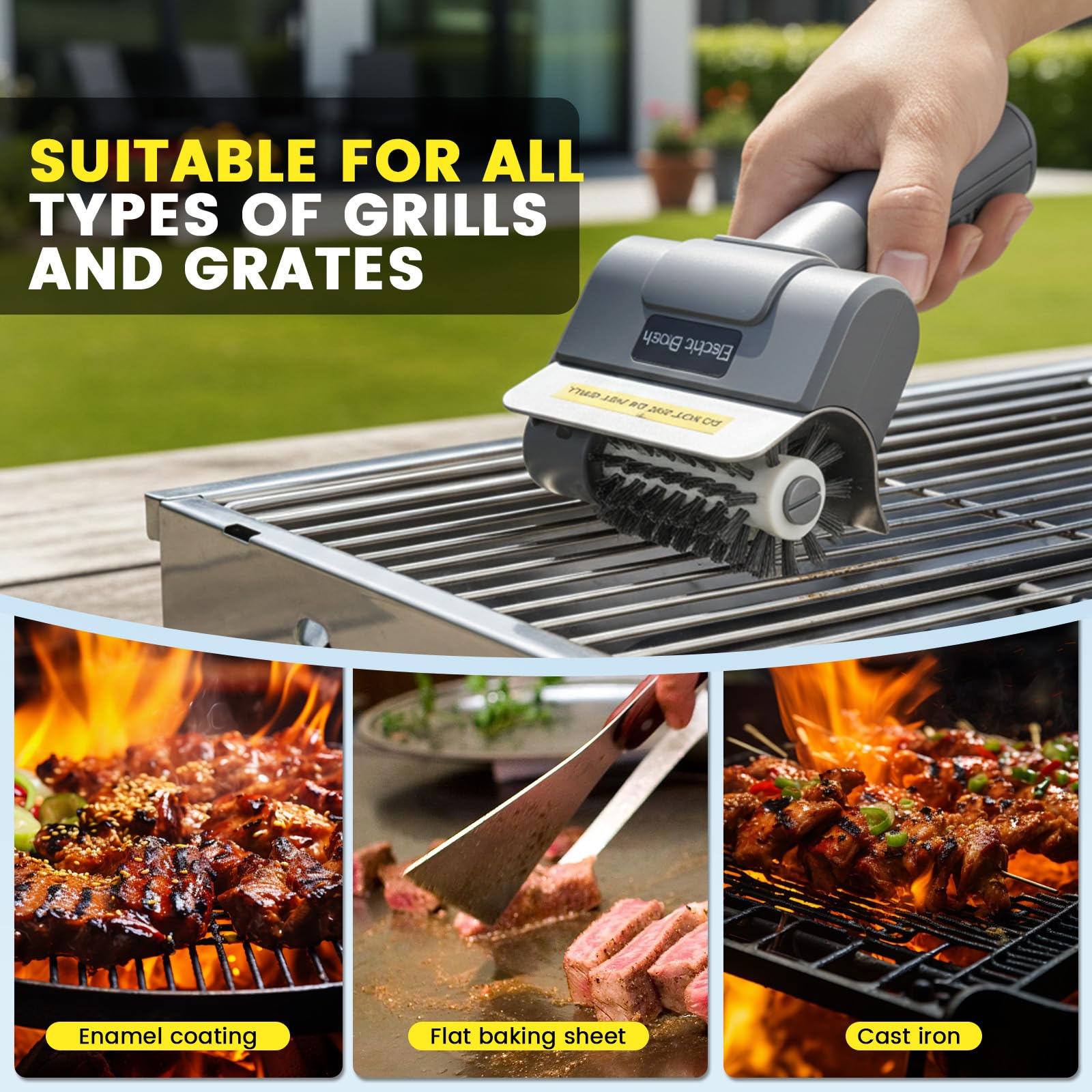 Spazzola elettrica per barbecue da esterno, spazzola elettrica senza fili, 1100 giri/min, con spazzola di ricambio, spazzola elettrica ricaricabile, per tutte le griglie
