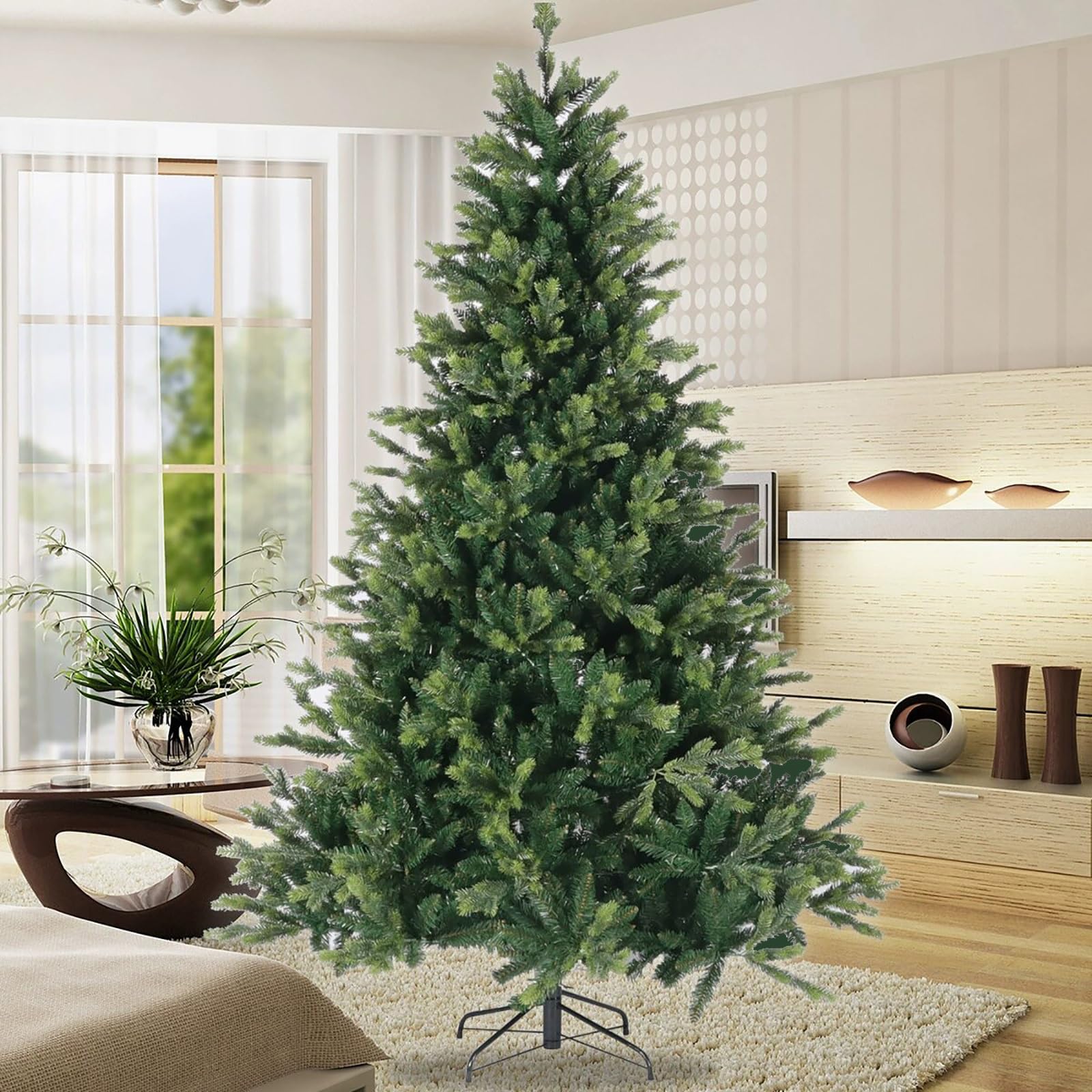 Árbol de Navidad Verde con Base, Decoración Artificial de PVC para el Hogar, Interior y Exterior, Ramas de Pino Fáciles de Plegar para Guardar(150cm/5ft)
