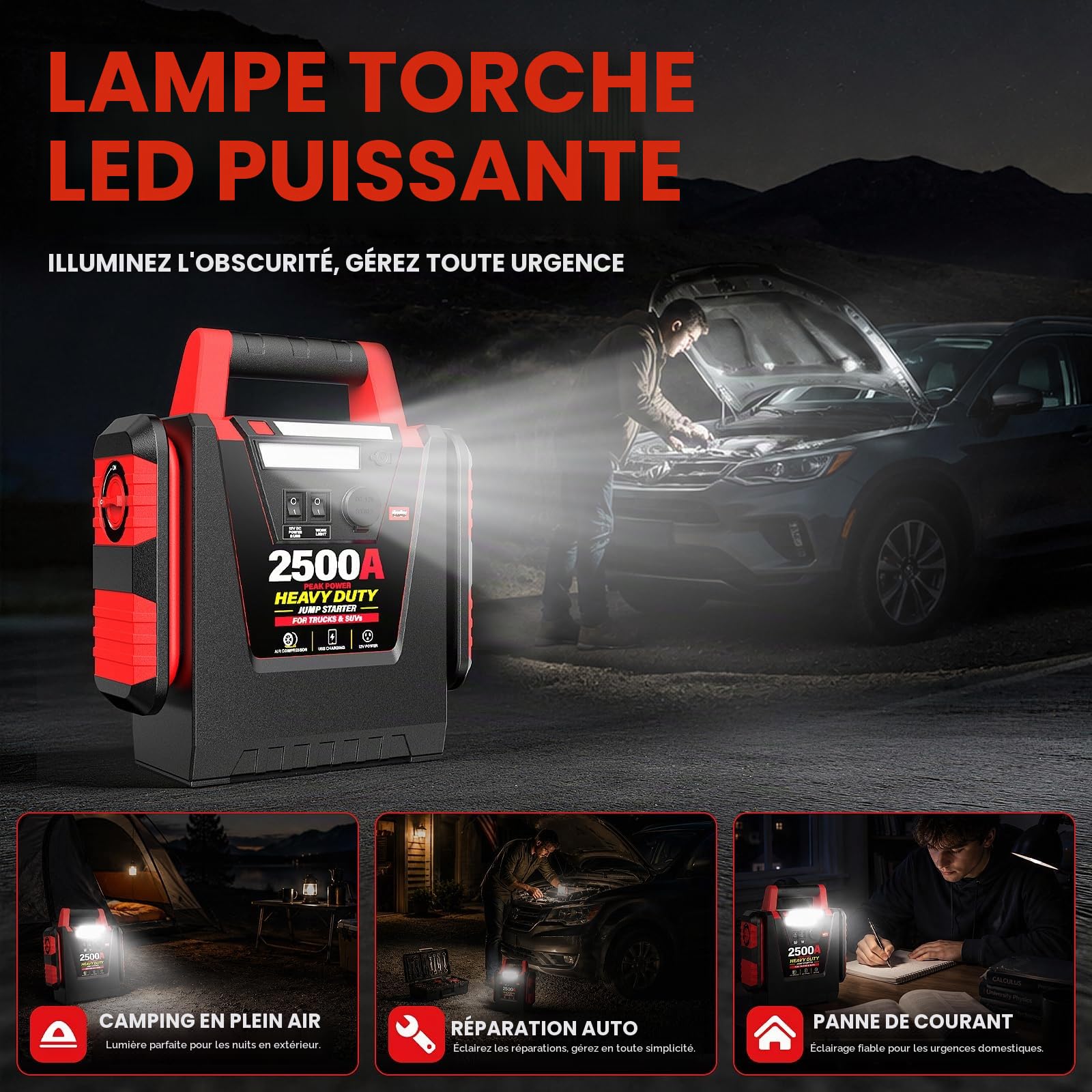 Booster de Batterie Voiture Puissant 2500A avec Gonfleur 150 PSI, Démarreur 12V pour Moteurs Essence/Diesel jusqu'à 8.0L, Batterie Externe 20000mAh, Lampe LED 500LM pour Camion, Moto, SUV