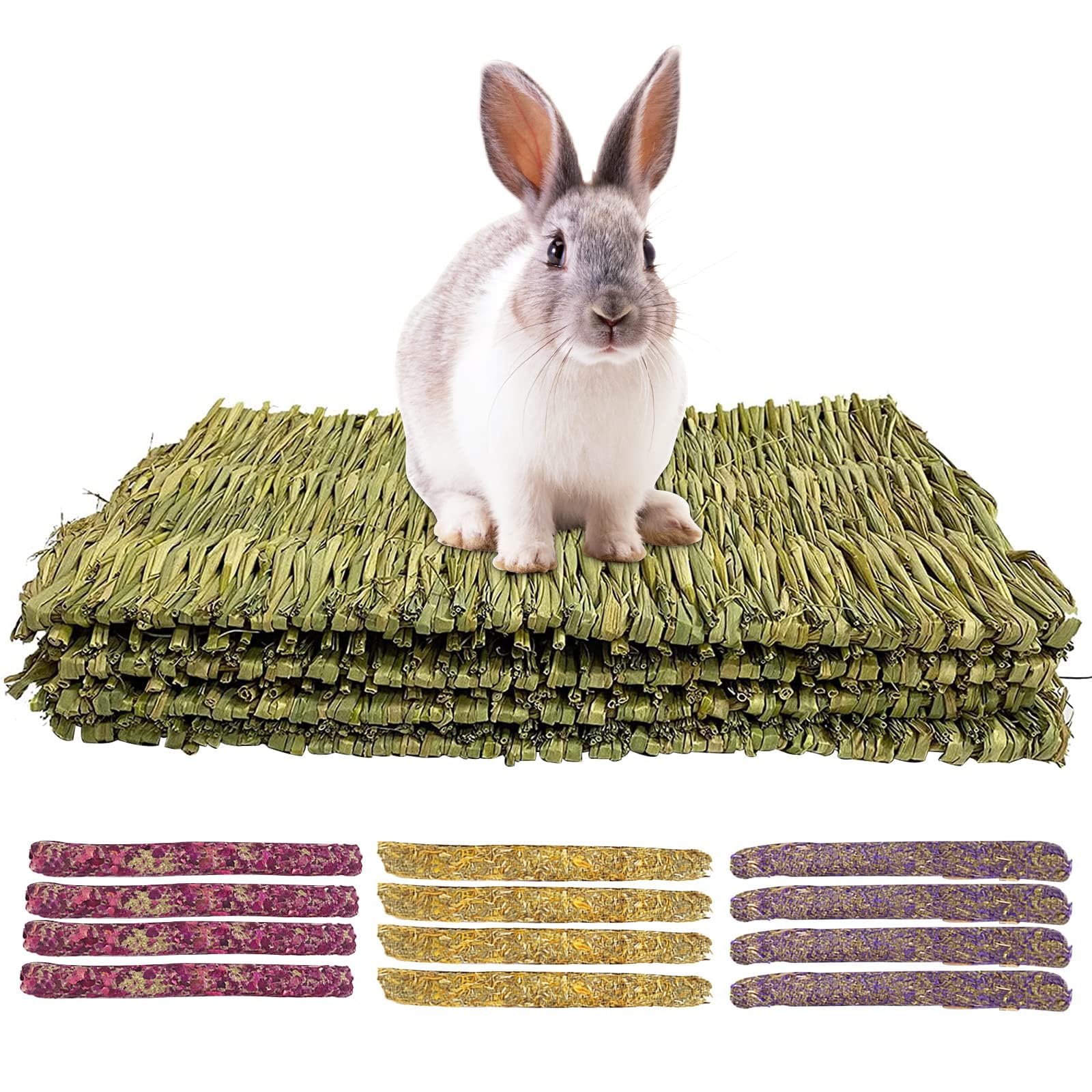 KATLKIU 4PCS Natural Grass Mat for Rabbits Edible Chew Toys Set including 12PCS Timothy Hay Sticks, Rose, Calendula