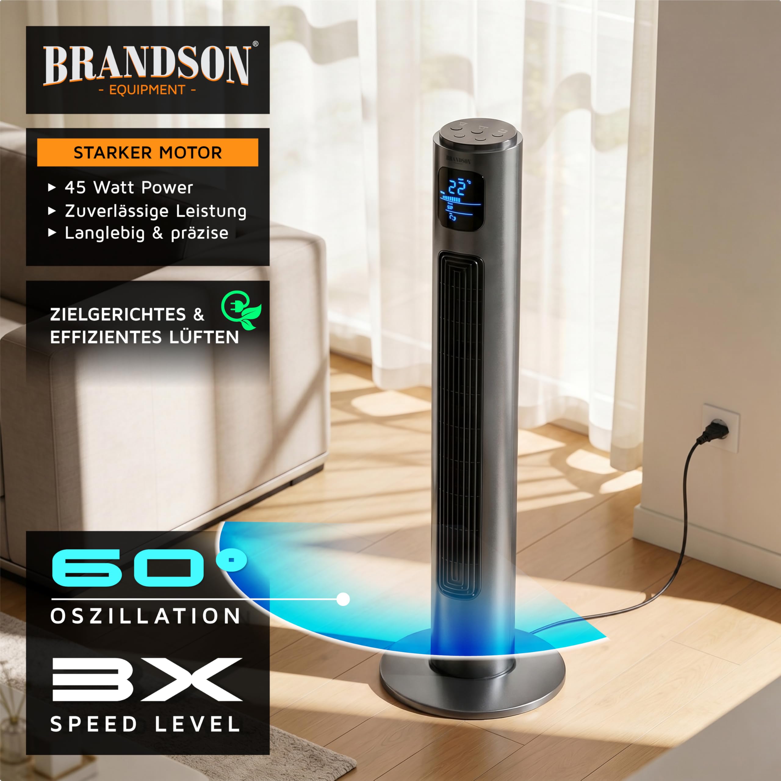 Brandson Standventilator 96 cm mit Fernbedienung leise Oszilation 3 Geschwindigkeiten Timer GS Cool Grey