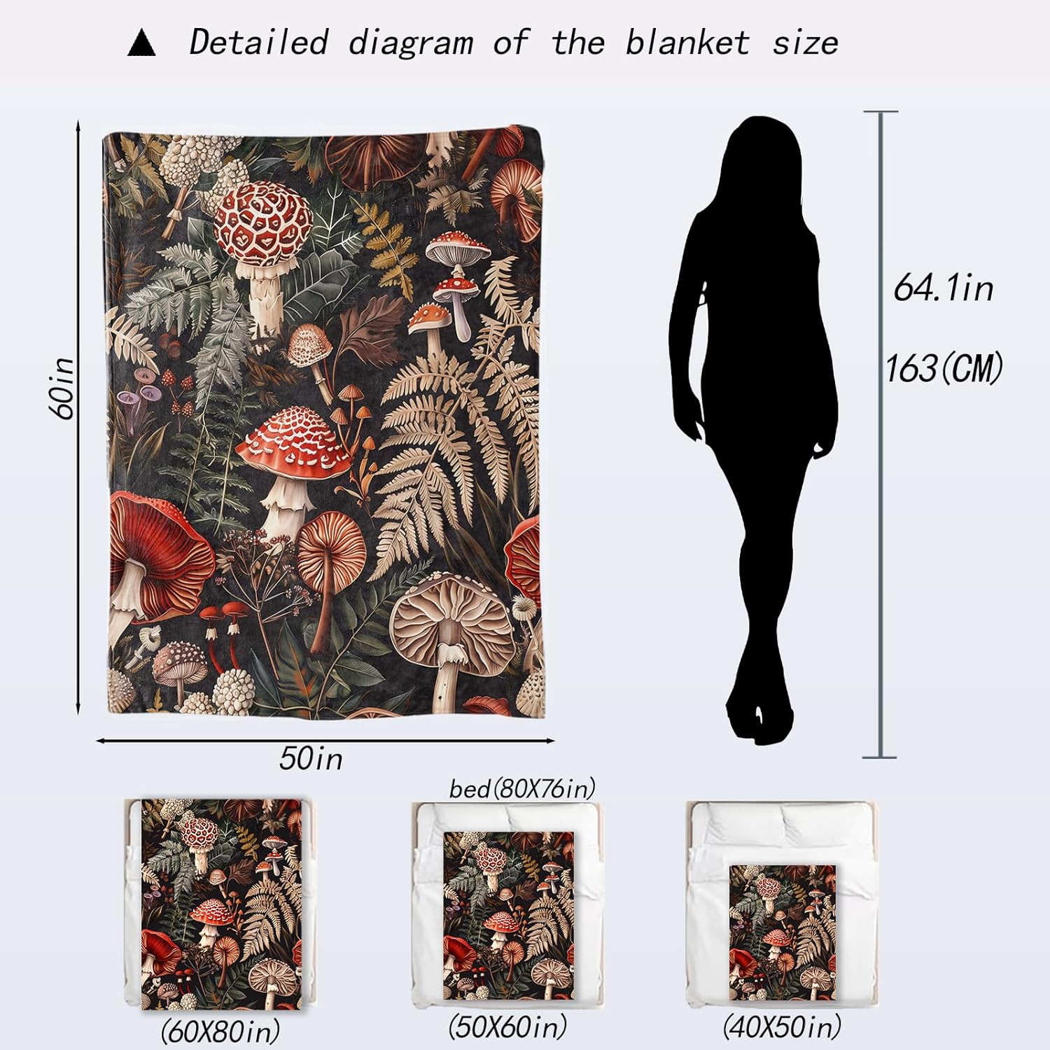 Mushroom Forest Throw Blanket- Ultra Soft, Fleece, Lightweight,Enchanting Fungi Lush Ferns Blankets, for Couch Room Bedroom Modern Decor, Gifts for Women & Nature Lovers 60x80in