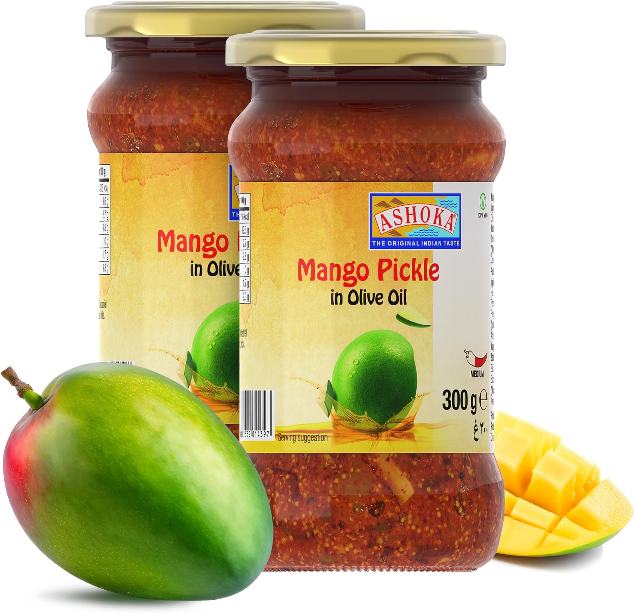 Ashoka Mango Pickle | Authentic Indian Pickle Recipe | All Natural | Indian Food | Medium Spiced | Great for Seasoning | Vegan | Kosher Certified | 300 Grams Glass Jar (Pack of 2)