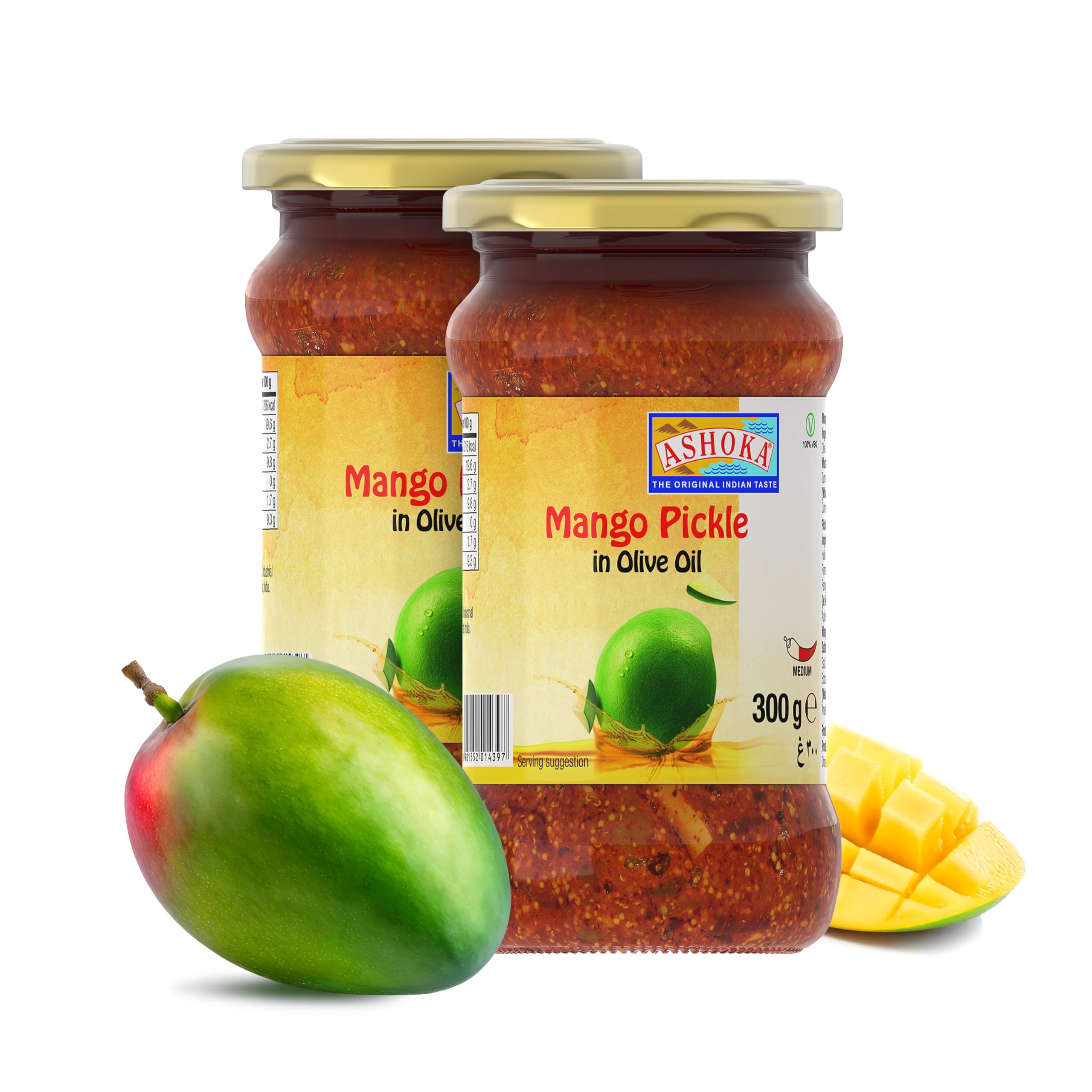 Ashoka Mango Pickle | Authentic Indian Pickle Recipe | All Natural | Indian Food | Medium Spiced | Great for Seasoning | Vegan | Kosher Certified | 300 Grams Glass Jar (Pack of 2)