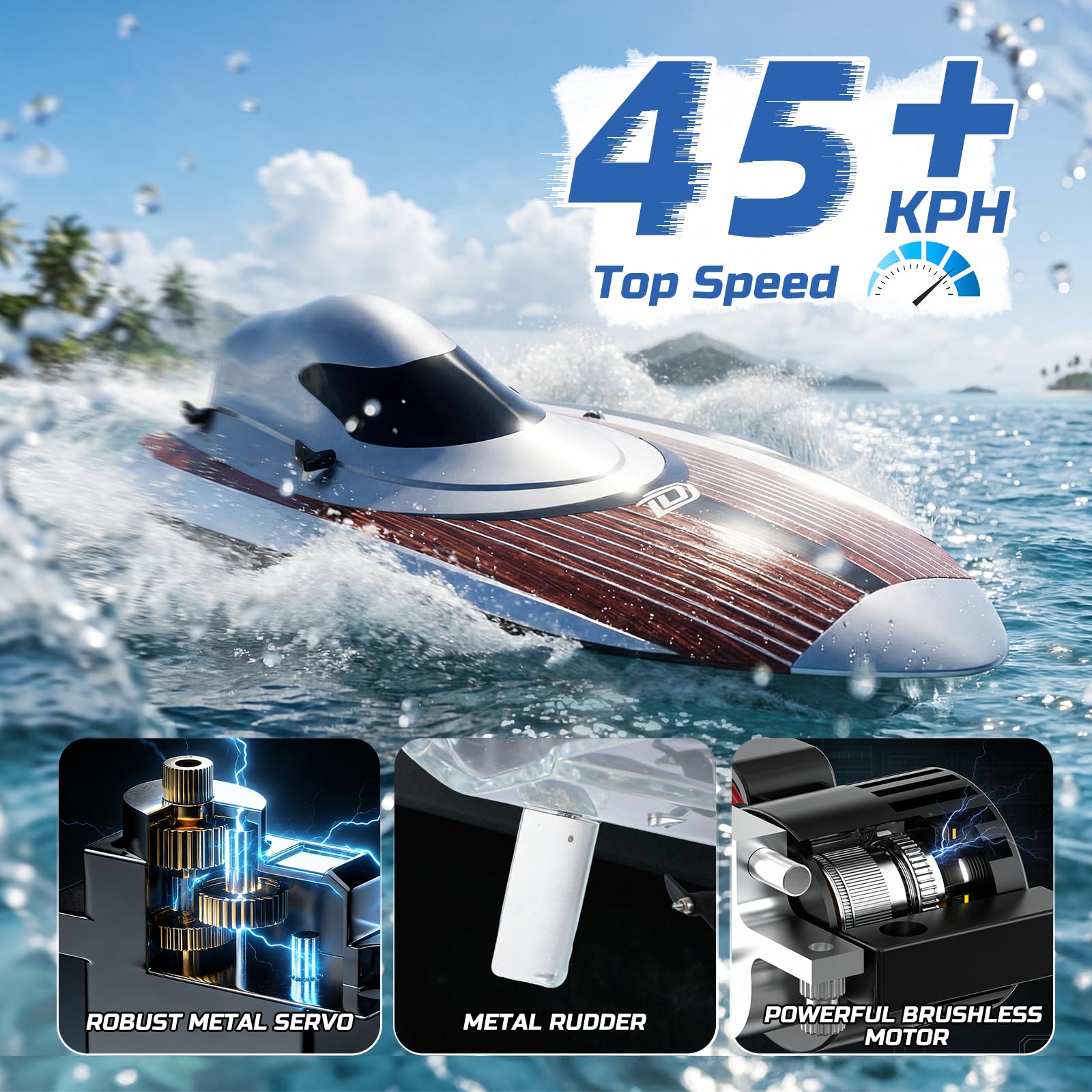 DEERC 17" bürstenloses RC-Boot für Erwachsene, 45+ km/h Hochgeschwindigkeits-Rennboot, 3S 2800mAh LiPo-Akku, Metallruder, selbstaufrichtendes Design, ferngesteuertes Boot für Seen, Pools,TX766