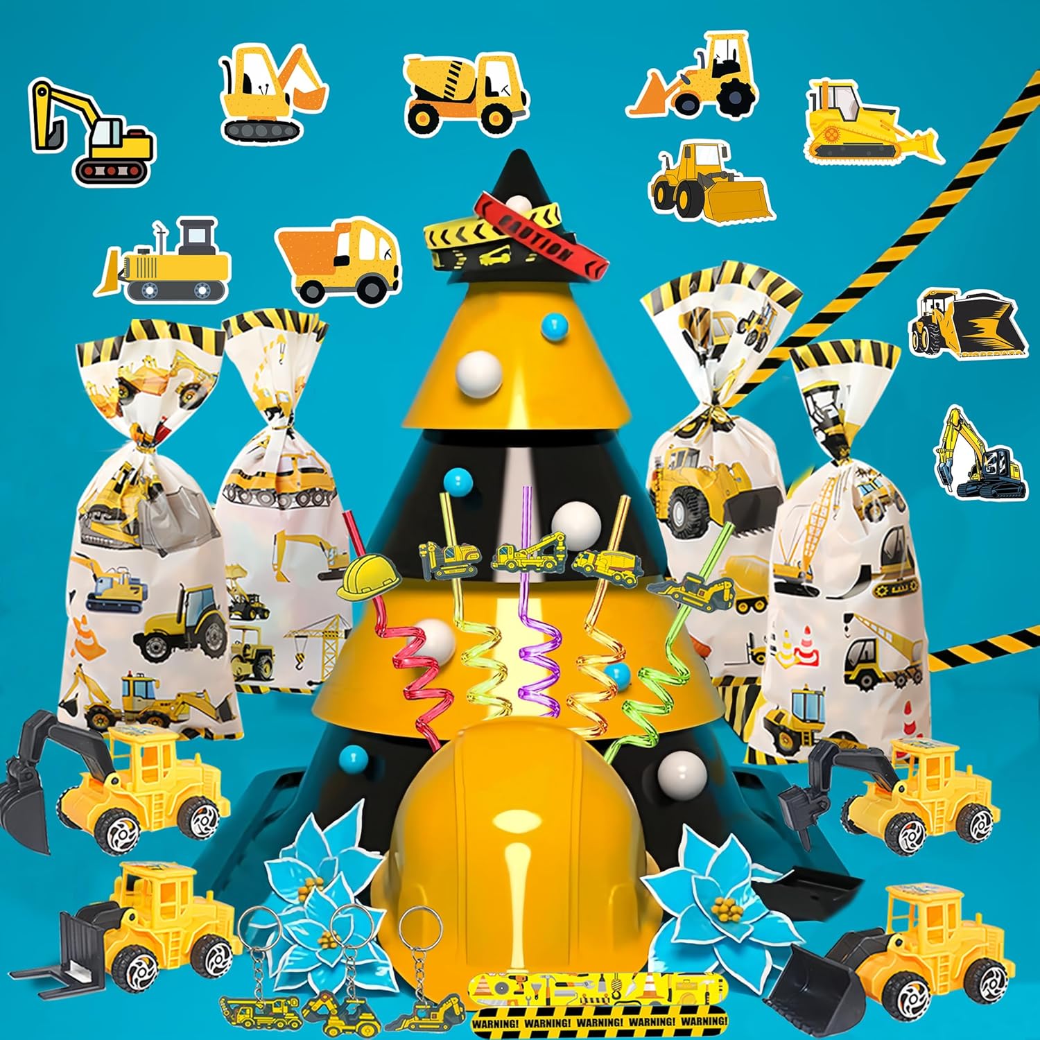 CHSLtmxq 122PCS Construction Party Favors Construction Theme Birthday Party Supplies Mini Engineering Vehicles Slap Bracelet Keychain Party Straw Truck Stickers Bags for Birthday Party Gift