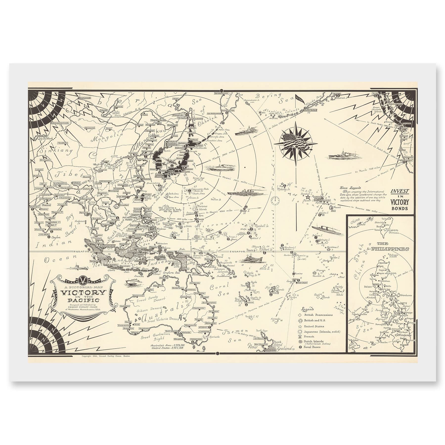 Artery8 Map Ernest Dudley Chase 1944 Pacific Victory Japan World War 2 WWII Artwork Framed Wall Art Print A4