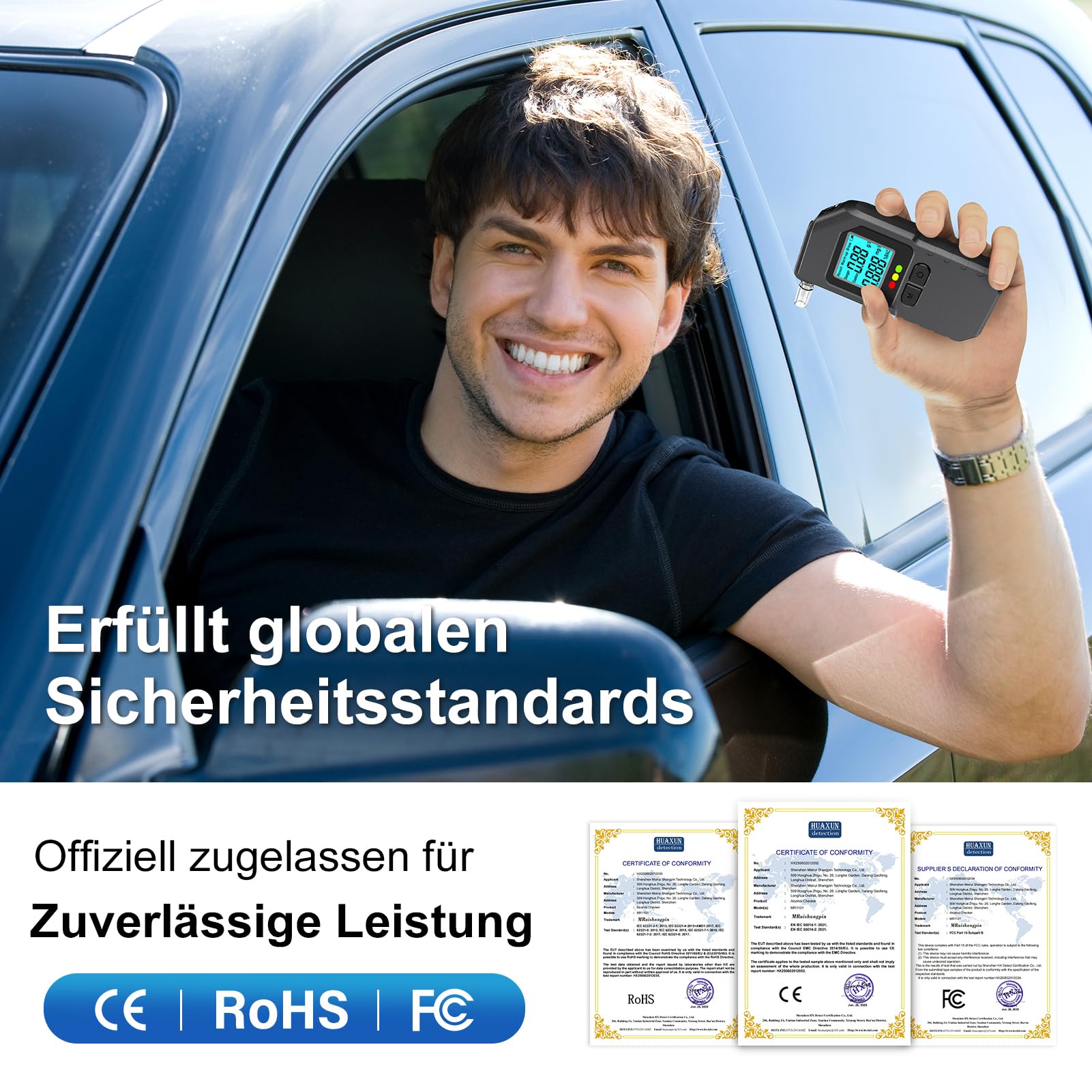 Alkoholtester professionell Dual-Sensor digital mit LCD, tragbar, 20 Mundstücke, Breathalyzer Alcohol tester (Black)