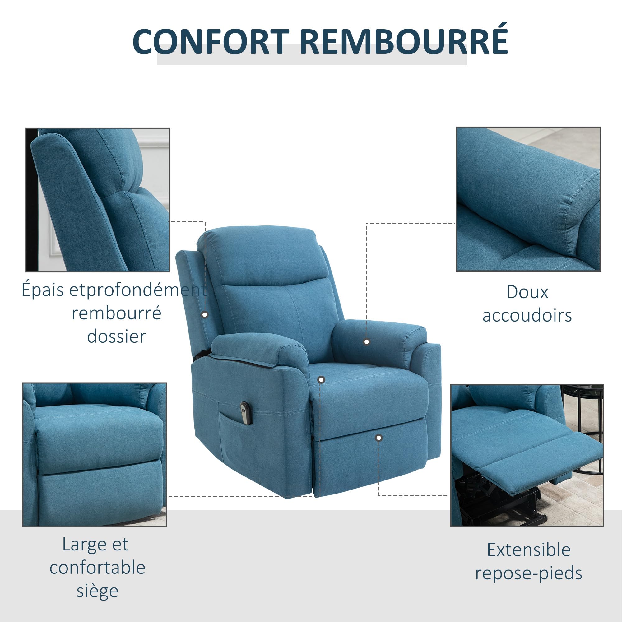 HOMCOM Fauteuil releveur électrique, Fauteuil Relax électrique avec Repose-Pied, Dossier inclinable, télécommande et Poche latérale Charge 120kg Tissu Aspect Lin Bleu