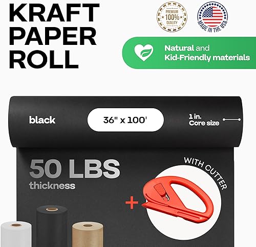 Miniatura 2 de IDL Packaging Rollo de papel kraft negro de 36 x 1200 pulgadas (100 pies) con cortador, papel de calidad fabricado en Estados Unidos, 50 libras de