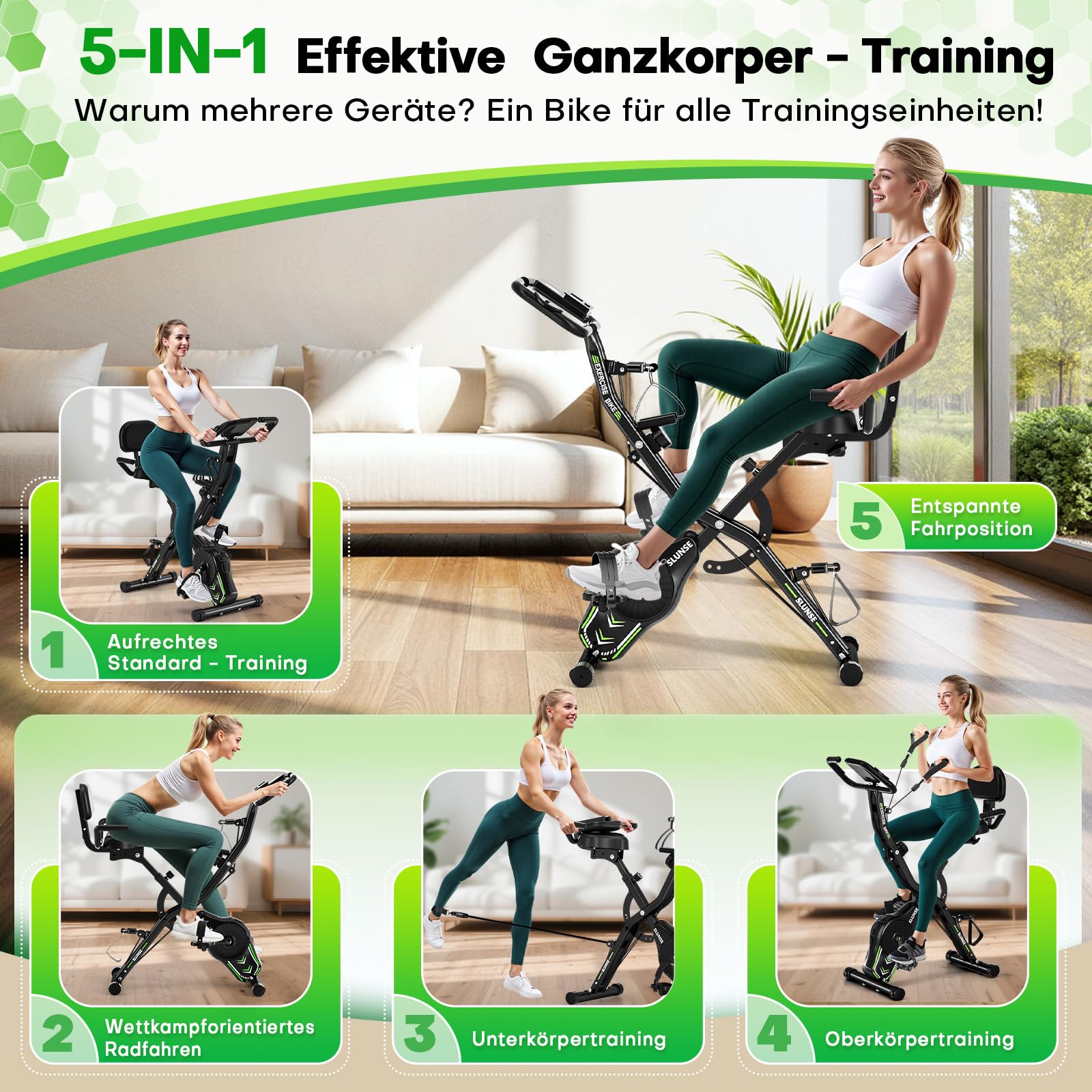 Heimtrainer Fahrrad, SLUNSE Neues 5-in-1 Hometrainer Fahrrad Klappbar, Ergometer Heimtrainer mit 16-fach Magnetwiderstand, Leise & Bequem, LCD-Display, Belastbar bis 160kg, Home Trainer