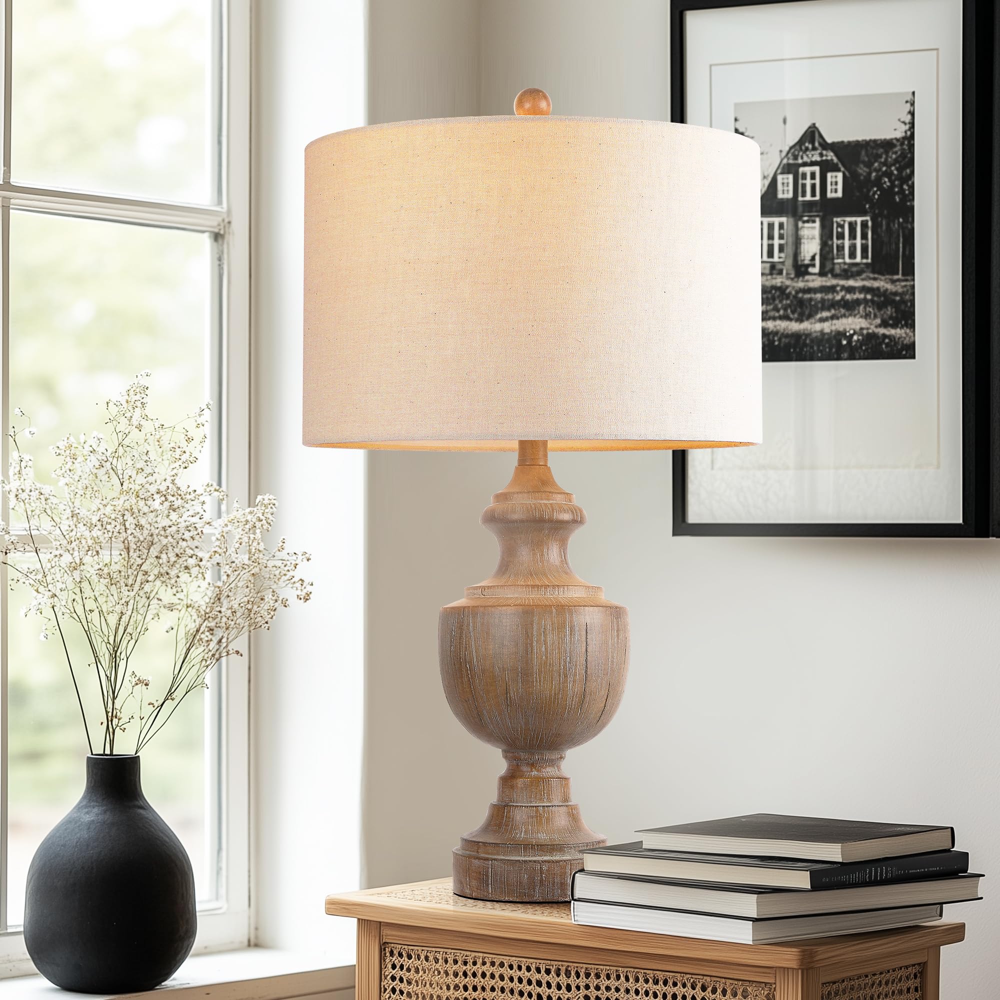 QiMH Farmhouse Table Lamp, 27" Vintage Desk Lamp with Bulb & Linen Shade, Traditional Nightstand Lamp for Bedroom, Rustic Bedside Lamp for Living Room