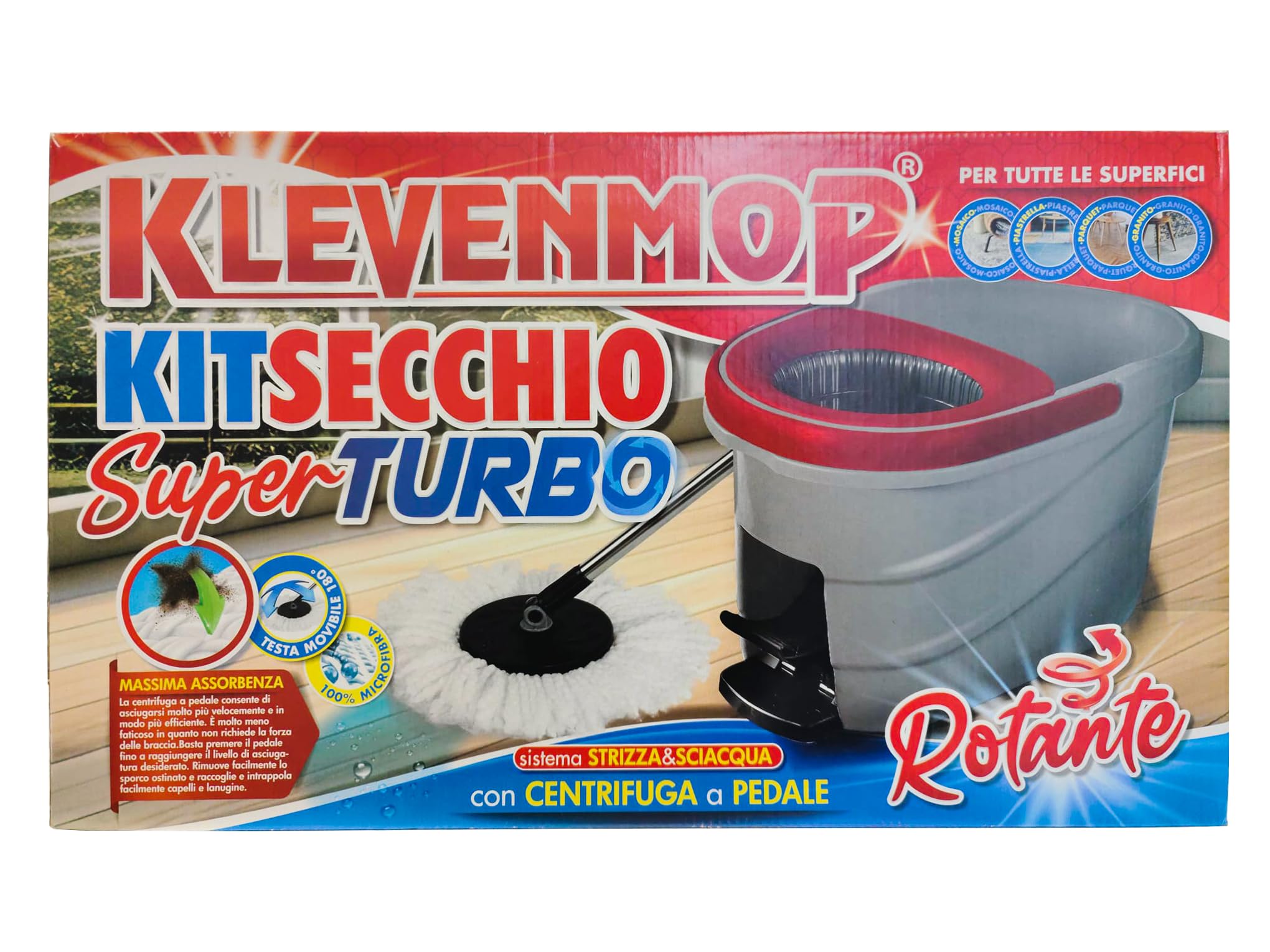 Kit Secchio Rotante Super Turbo con Centrifuga a Pedale, Mop Mocio Lava Pavimenti - Sistema Strizza&Sciacqua, Klevenmop