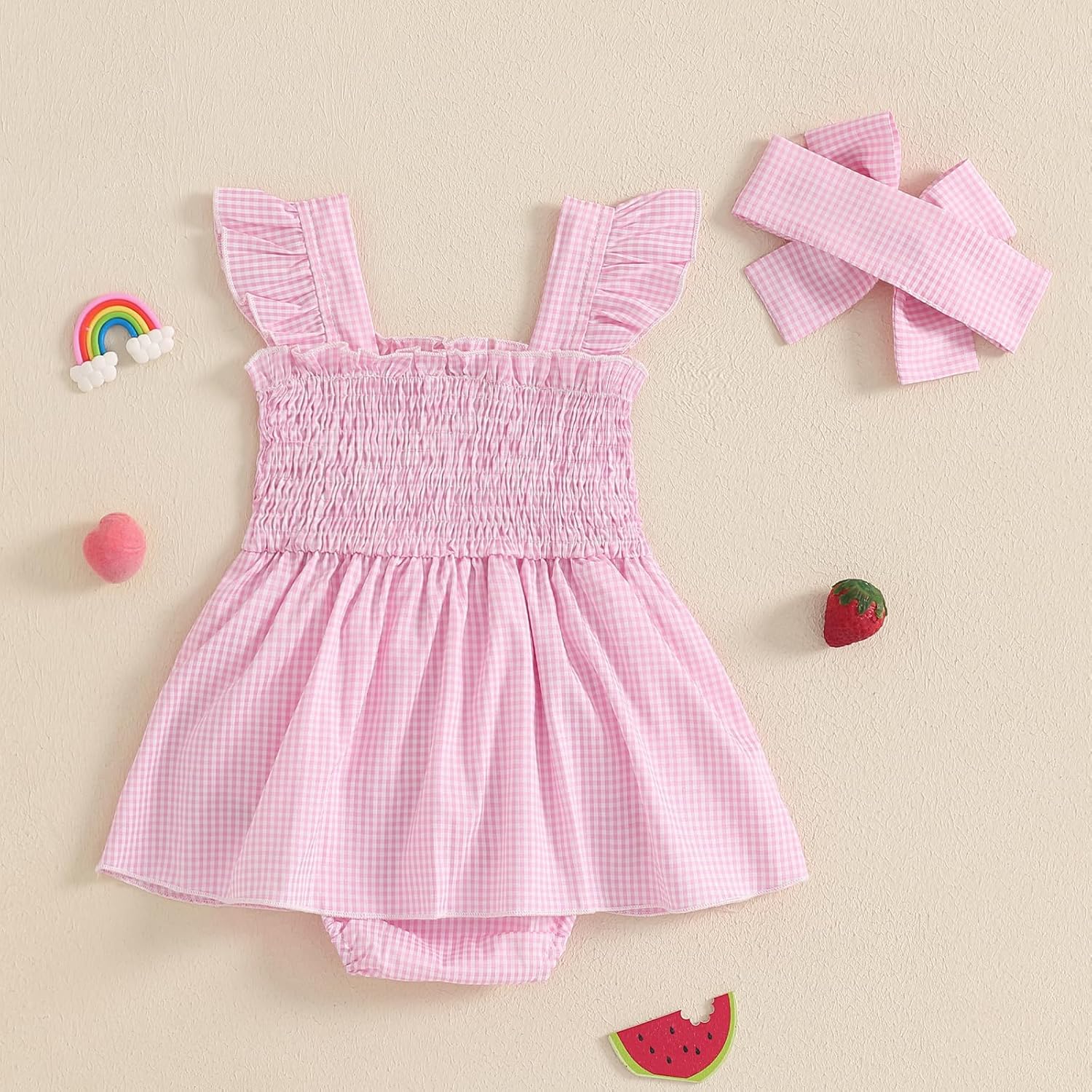 Mubineo Baby Girl Summer Dress Ruffle Fruit Clothes Flutter Sleeveless Smocked Infant Rompers Plaid Boho Dress Outfits - Image 5