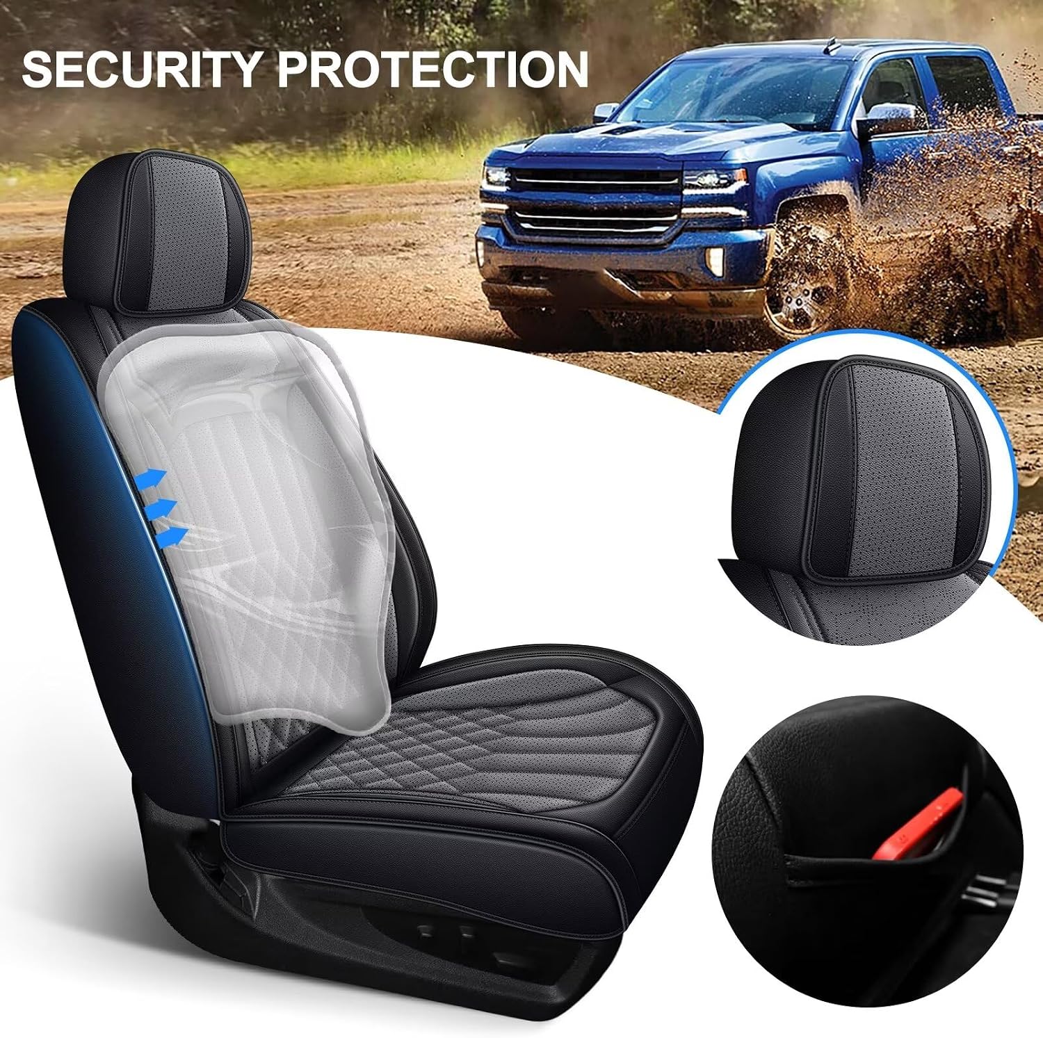 IKABEVEM Seat Covers Fit for Chevy Chevrolet Silverado GMC Sierra 1500 2500HD 3500HD 2007-2024 2025 2026 Pickup Trail Boss Z71 Crew Double Extended Cab Leather Protectors (Black&Grey,Full Set)