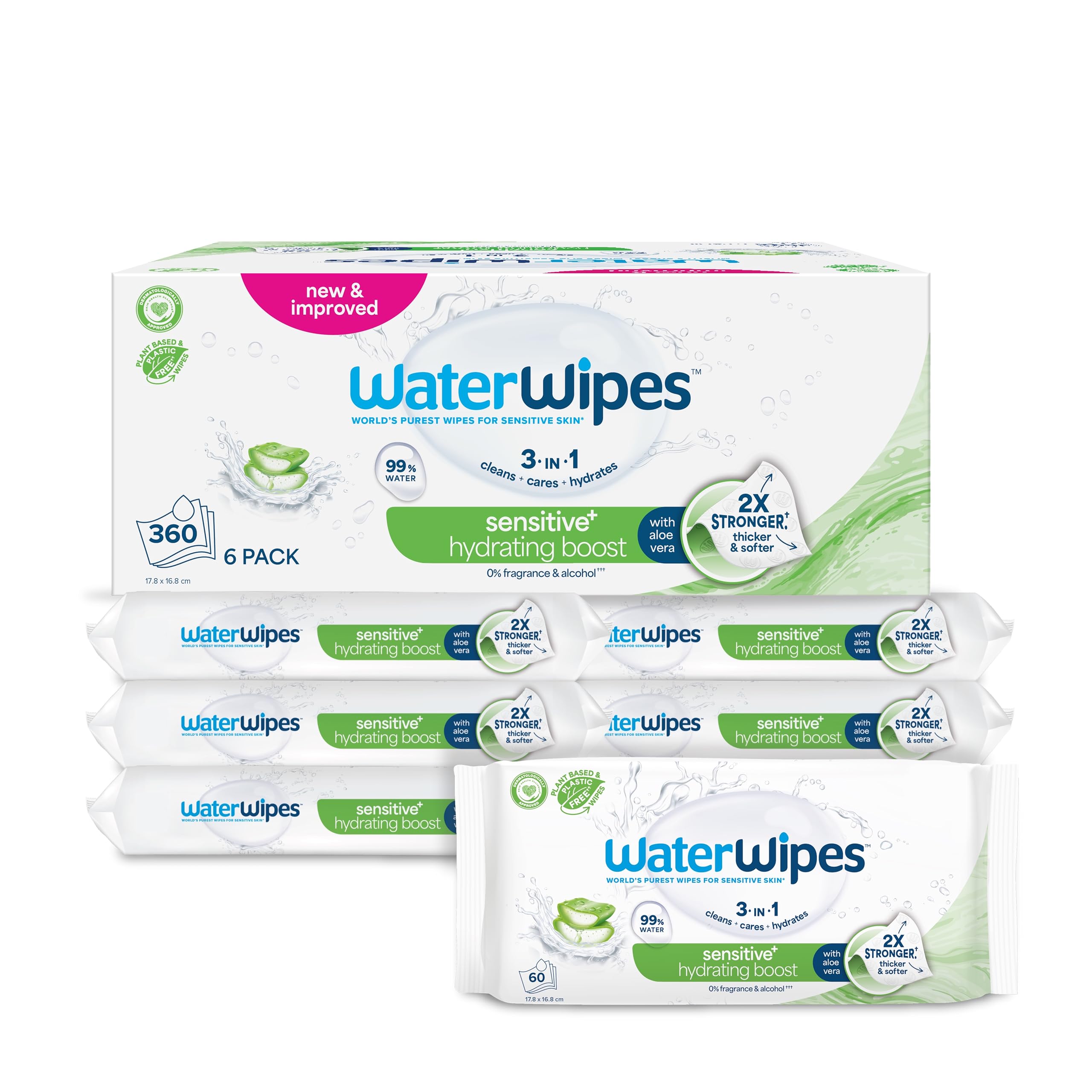 WaterWipes Sensitive+ Hydrating Boost Wipes, Lingettes Hydratantes, 360 unités (1 paquets), 3-en-1 nettoie, soigne, hydrate, 99% d'eau avec aloe vera, non parfumées