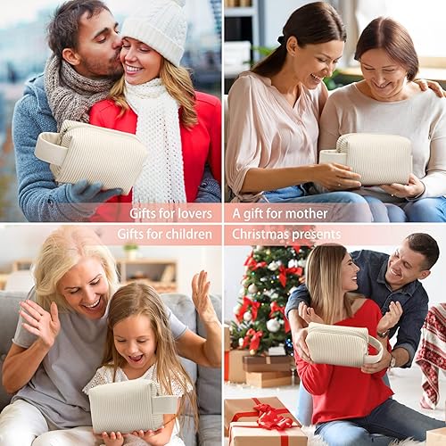 Miniatura 7 de LIYSOCA Bolsa de maquillaje de piel sintética a rayas, bolsa de aseo portátil de viaje, bolsa de cosméticos impermeable con asa, regalos de Navidad