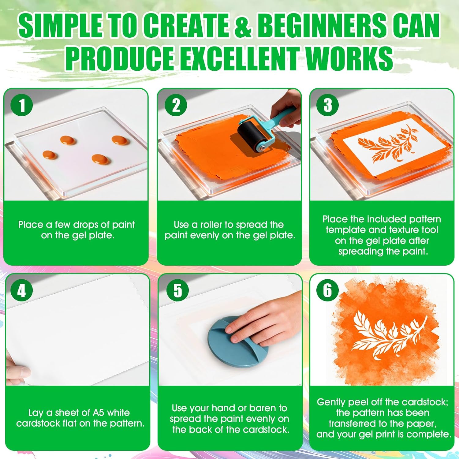 JAOJAO Gel Printing Kit, Gel Plate Plant Templates Acrylic Paints Auxiliary Tools and A5 Paper Experience A Surprising Creative Process for Card Making and Mixed Media Art Monotype Printing