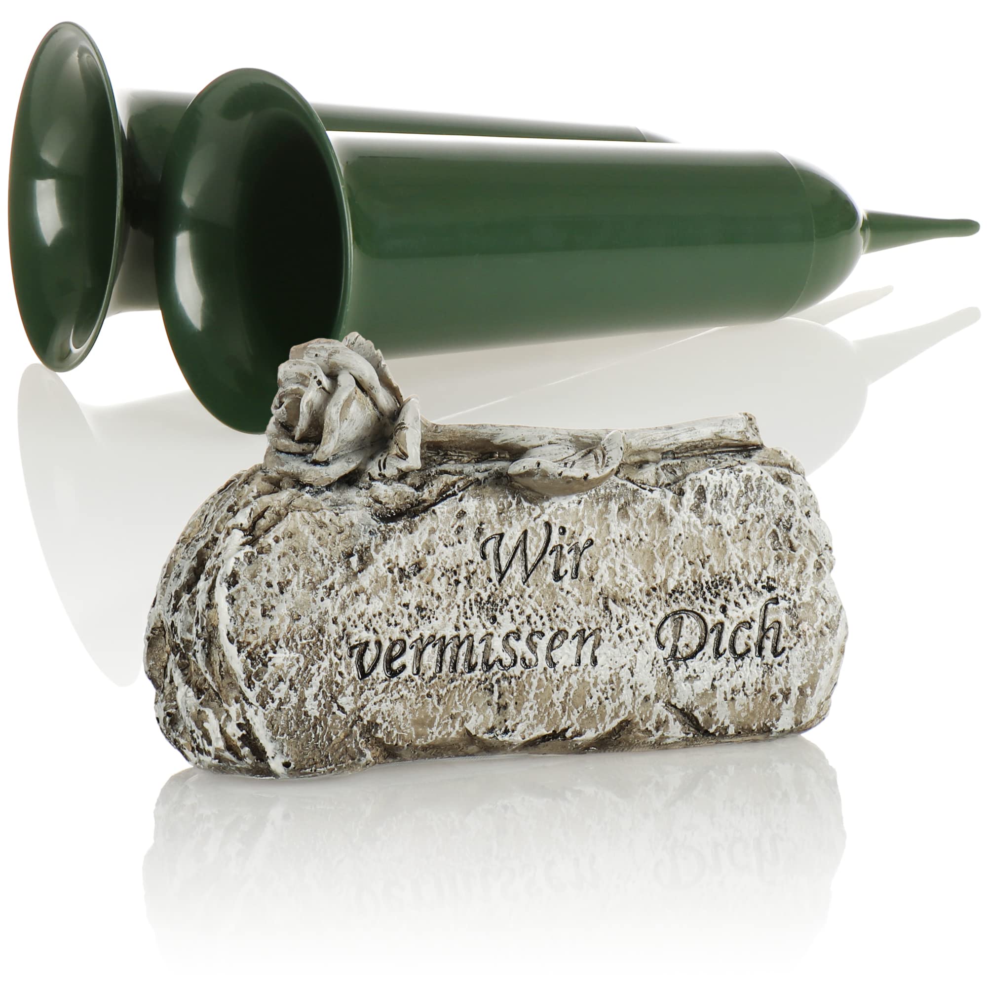 com-four Grabdeko-Set Gedenkstein Wir vermissen Dich mit Grabvase - Friedhofsvase mit Erdspieß - Trauerstein mit Rose