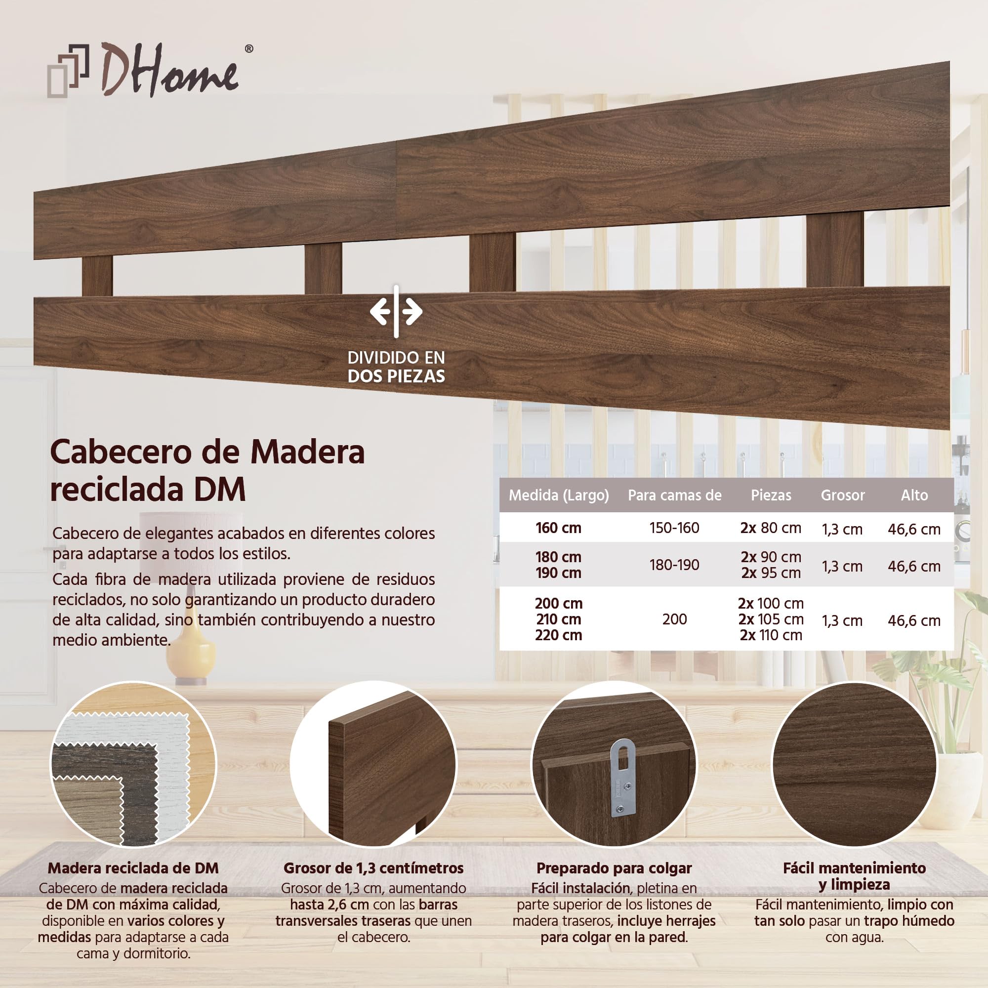 DHOME Testiera in Legno Riciclato MDF Orizzontale Stile Recinto per Letto con Pallet Ferramenta Inclusa (200cm Dual, Noce)