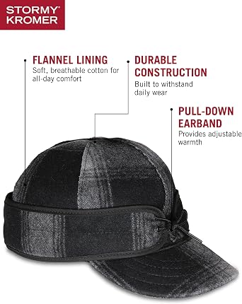 Stormy Kromer The Original Cap, Black/Gray Plaid, Size 6 7/8