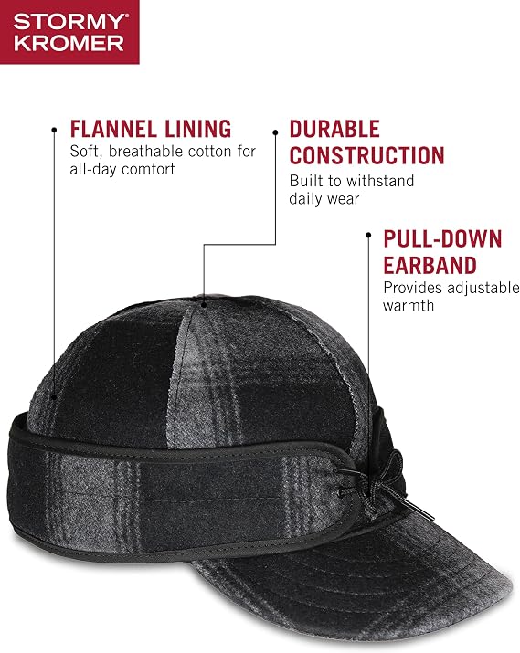Stormy Kromer The Original Cap, Black/Gray Plaid, Size 6 7/8