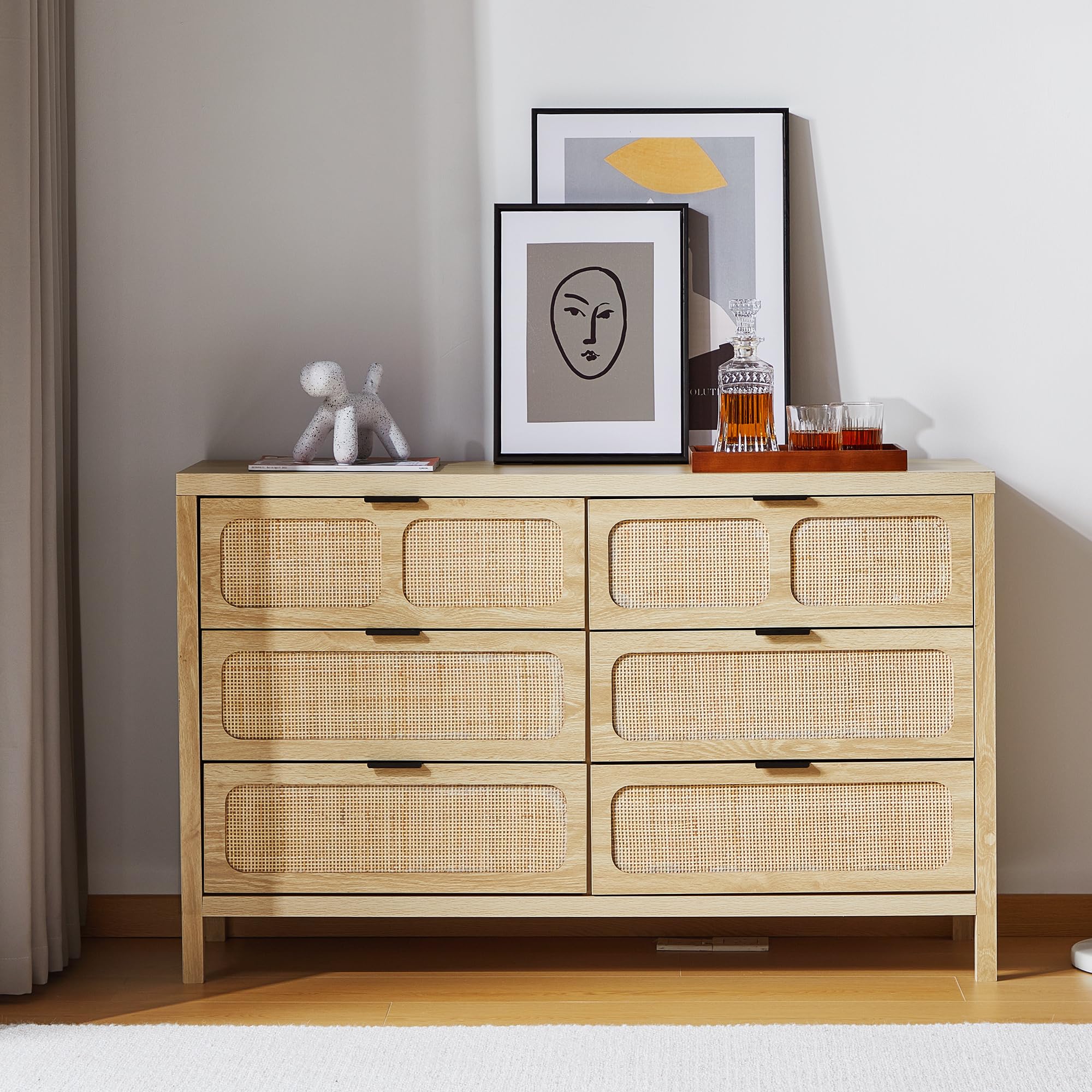 LEVNARY Dresser for Bedroom with 6 Drawers, Wide Bedroom Dresser Drawer Organizer, Rattan Chest of Drawers for Bedroom, Living Room, Hallway, Closet,