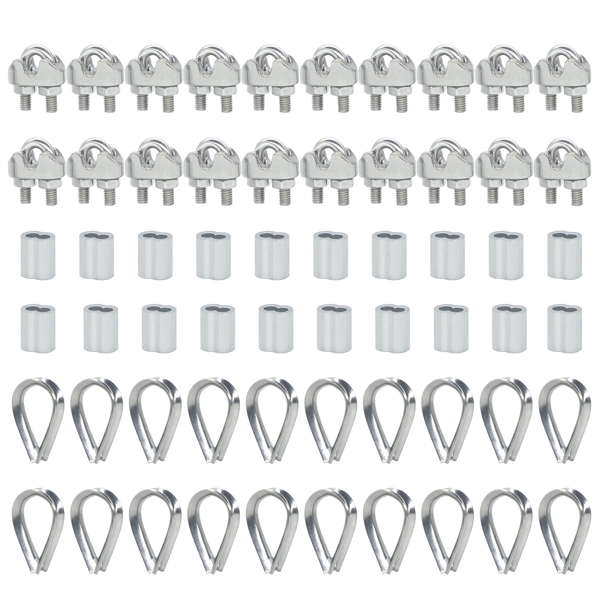 AIMUNOK 60PCS Stainless Steel Wire Rope Cable Wire Rope Clamp Thimbles Aluminum Crimping Loop Sleeve 1/8“M3 for Wire Rope Cable Thimbles Rigging