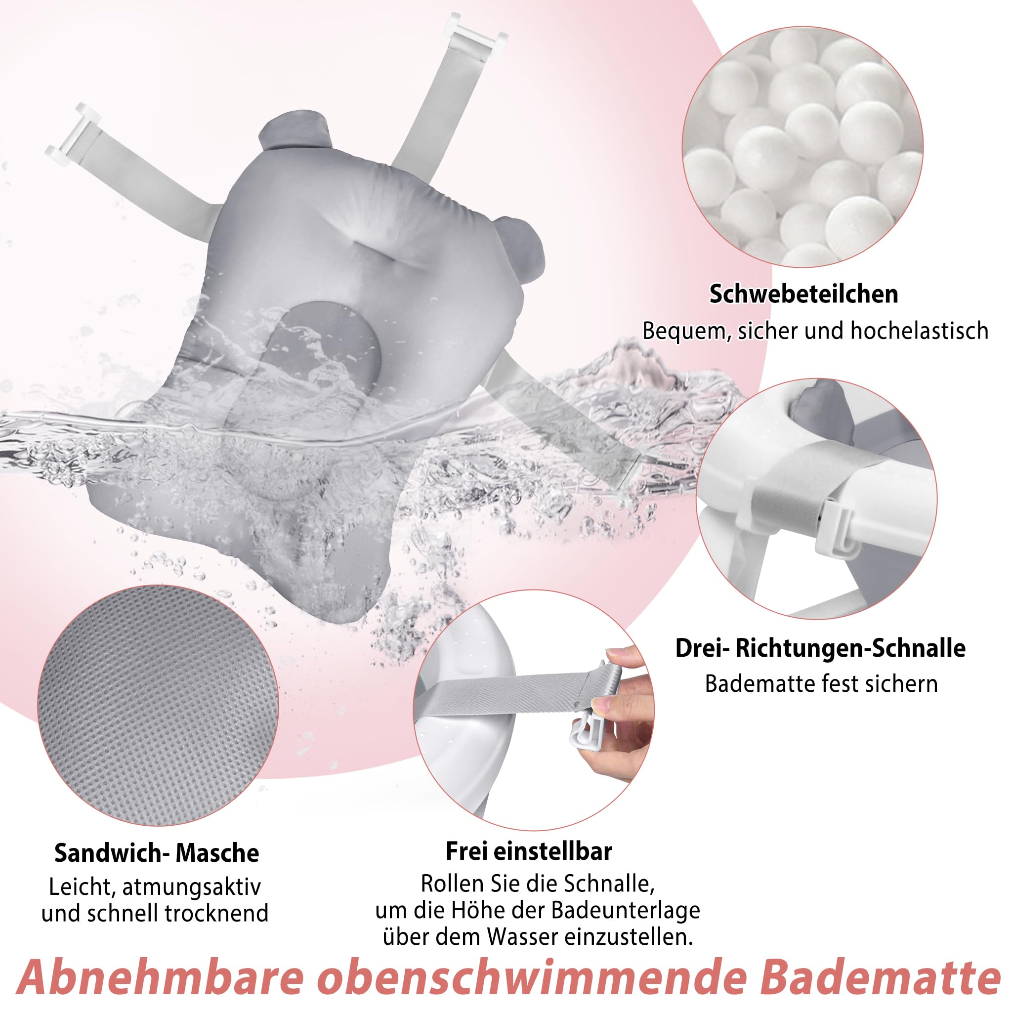 Faltbare Baby Badewanne, klappbare Babybadewanne, Rutschfeste Tragbare Reisedusche Badebecken mit rutschfester und Ergonomischem Kissen für Neugeborene bis Kleinkinder, Anthrazit