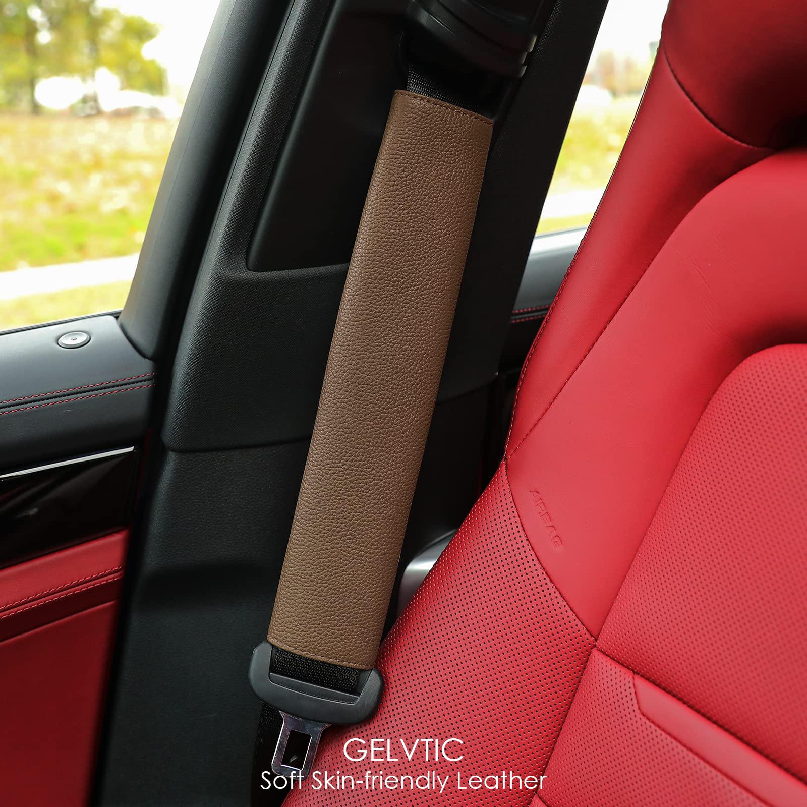 GELVTIC Car Seat Belt Covers - Soft Leather Shoulder Pad, Neck Protector For Adults & Kids, Fits Cars, Trucks, SUVs (Coffee, 12.4", 1-Pack)