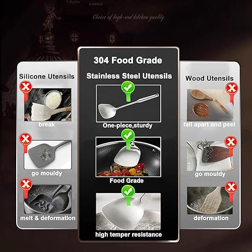 Miniatura 3 de Juego de utensilios de cocina de acero inoxidable, 6 piezas de utensilios de cocina profesionales de metal de 12 a 13.6 pulgadas, espátula wok,