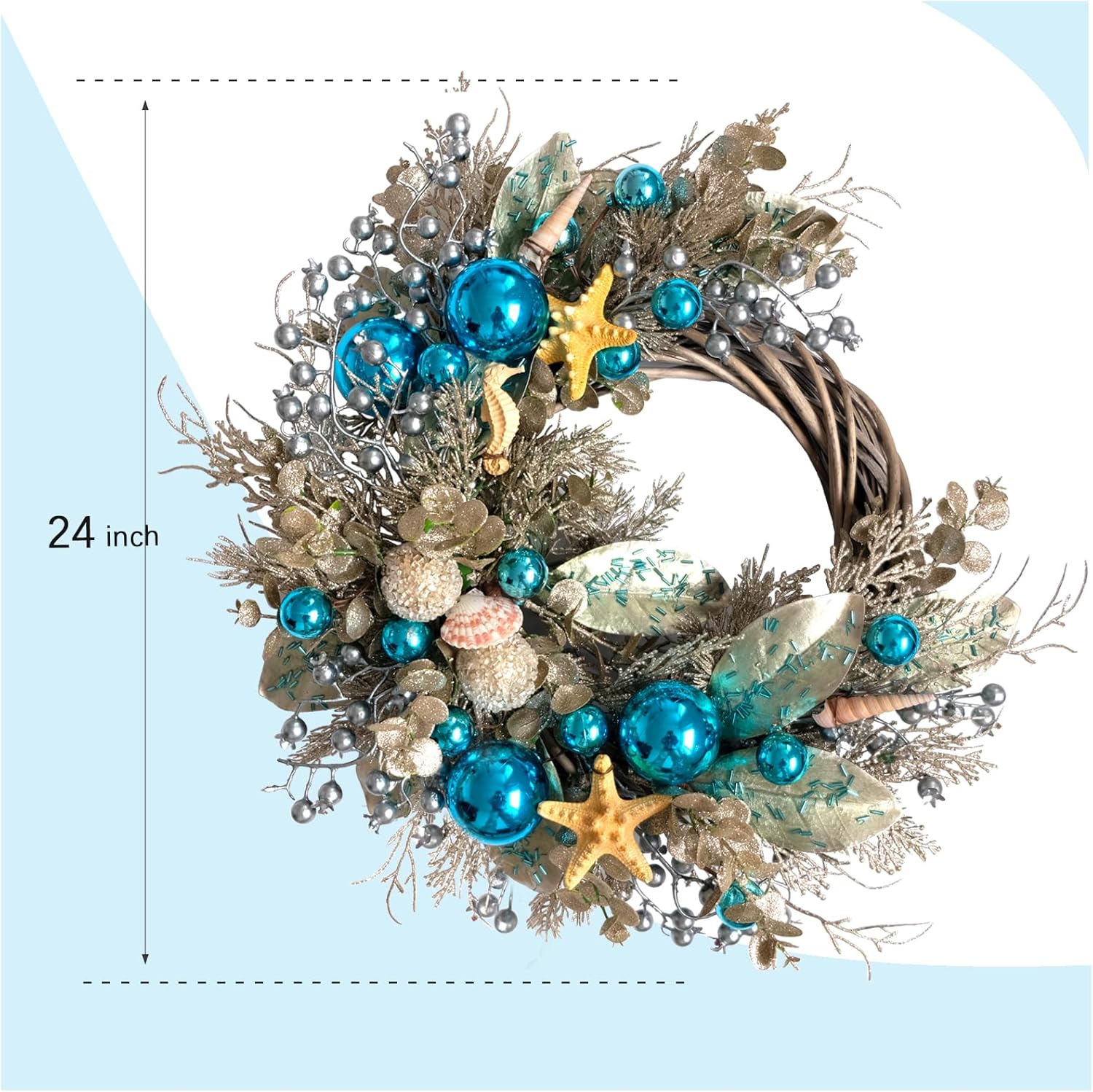 24 Inch Summer Costal Sea Blue Balls Seashell Wreath for Front Door, Vine Waved Base Glitter Champion Seahorse Wreath for Indoor Outdoor, Rustic Farmhouse Sea Costal Home Decor