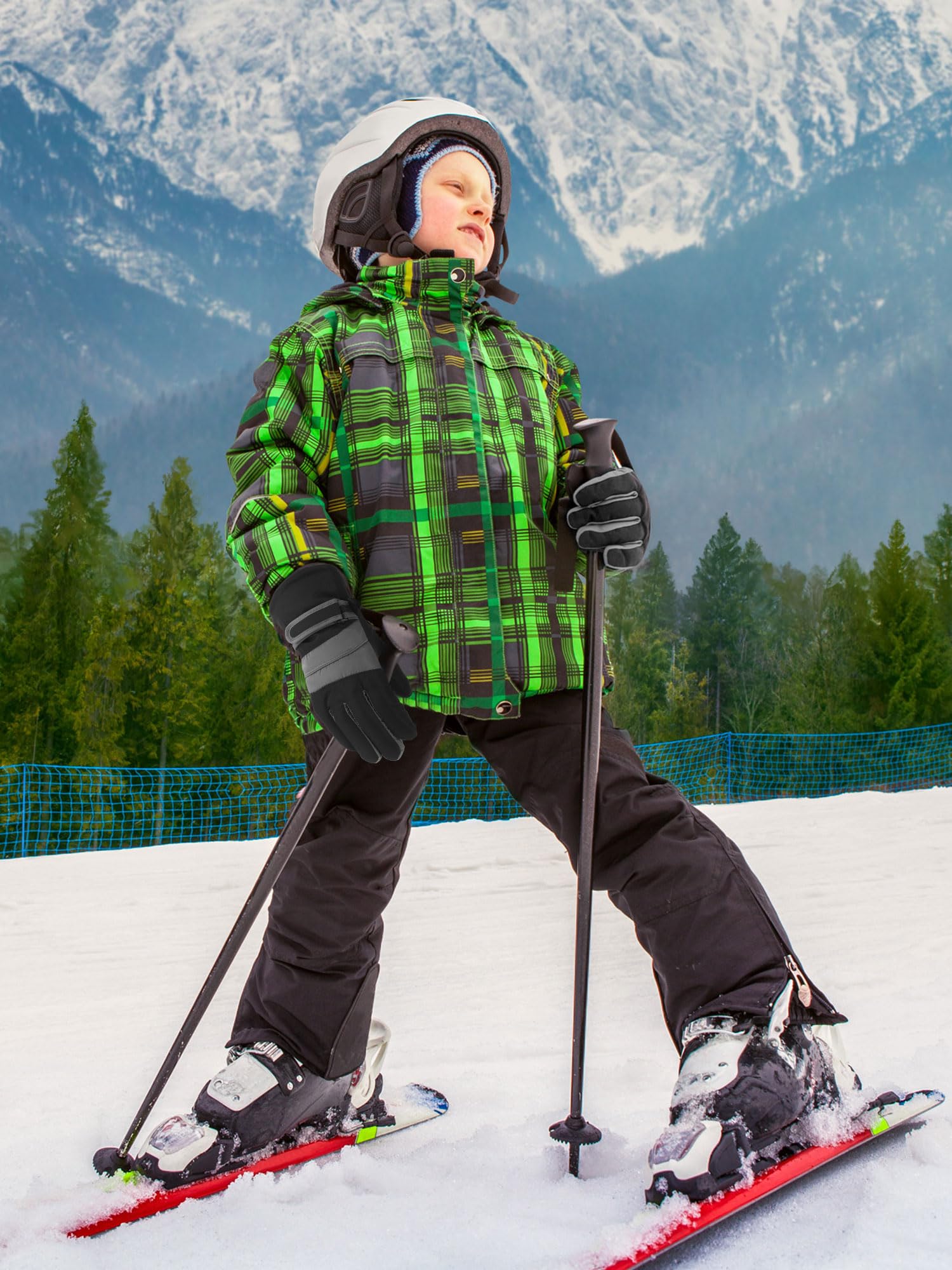 Geyoga 3 Paia Guanti da Sci Impermeabili Manopole Invernali Isolati da Snowboard da Bambini (Rosso, Nero, Blu, 8-12 anni)