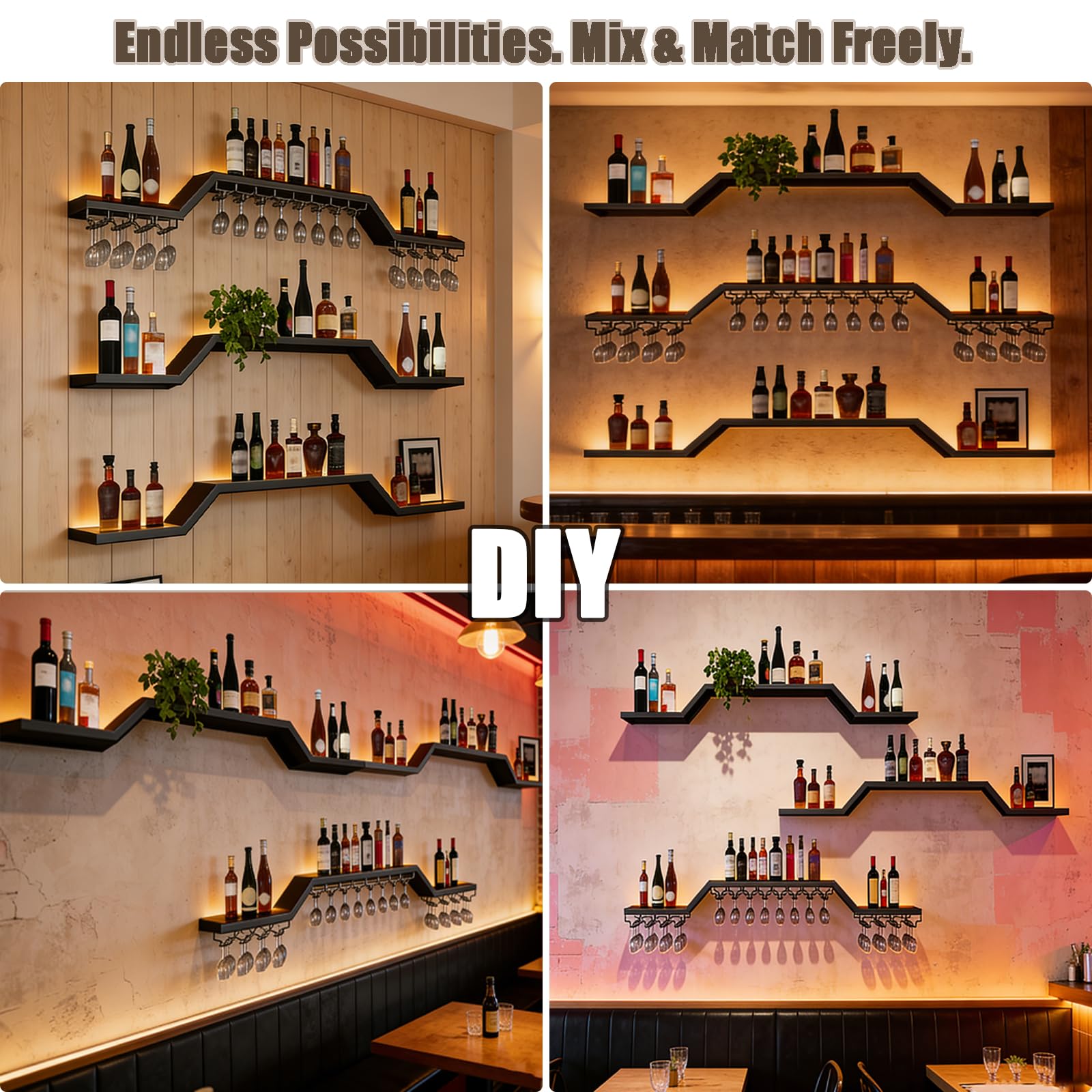 3 Livelli Portabottiglie Da Parete in stile Led industriale (nero, 160cm) | moderno porta vino in metallo con portabicchieri, espositore per bottiglie di vino in metallo, per cucina, bar, caffetteria