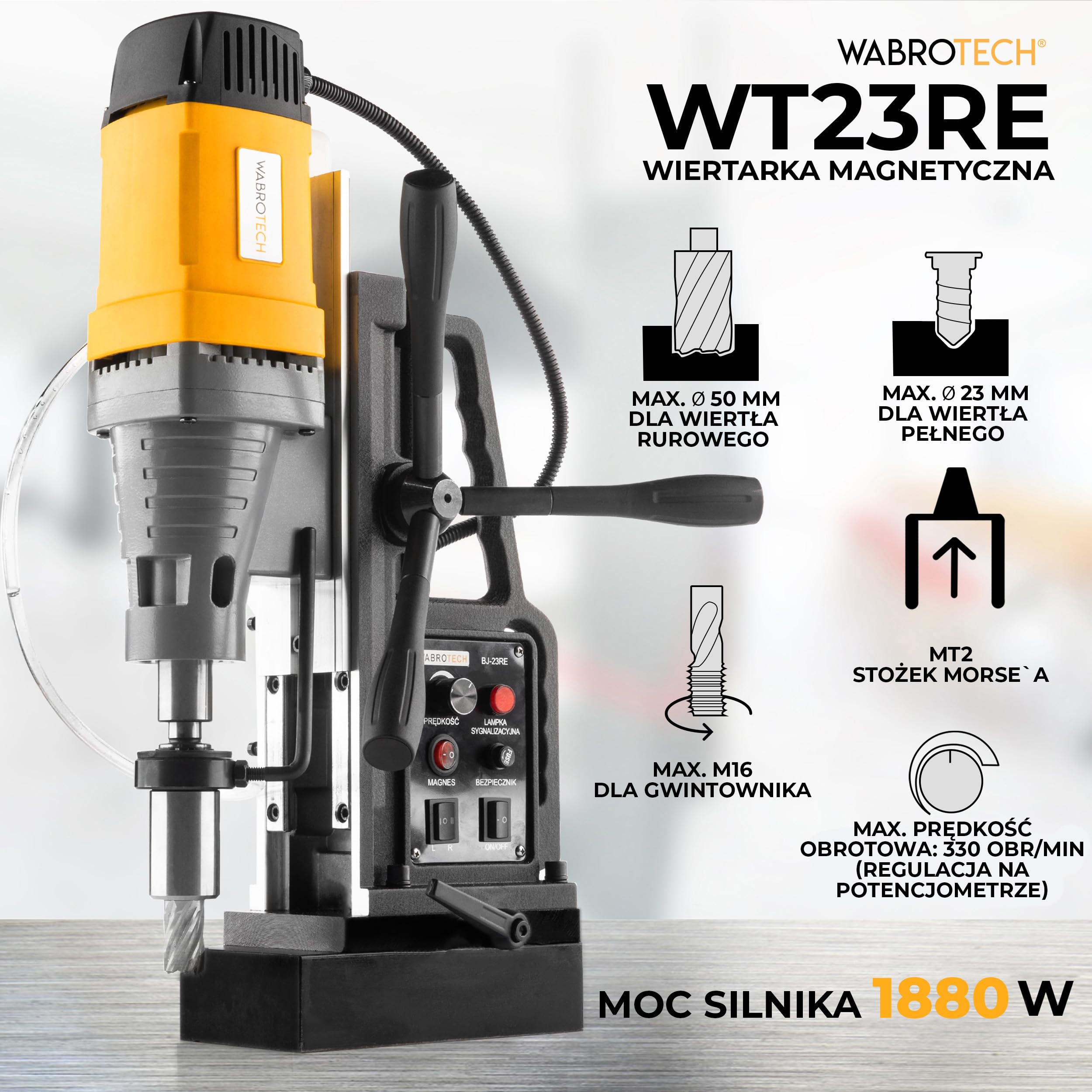 Wiertarka magnetyczna 1880W wiertarka rdzeniowa WABROTECH WT23RE (zestaw do gwintowania)