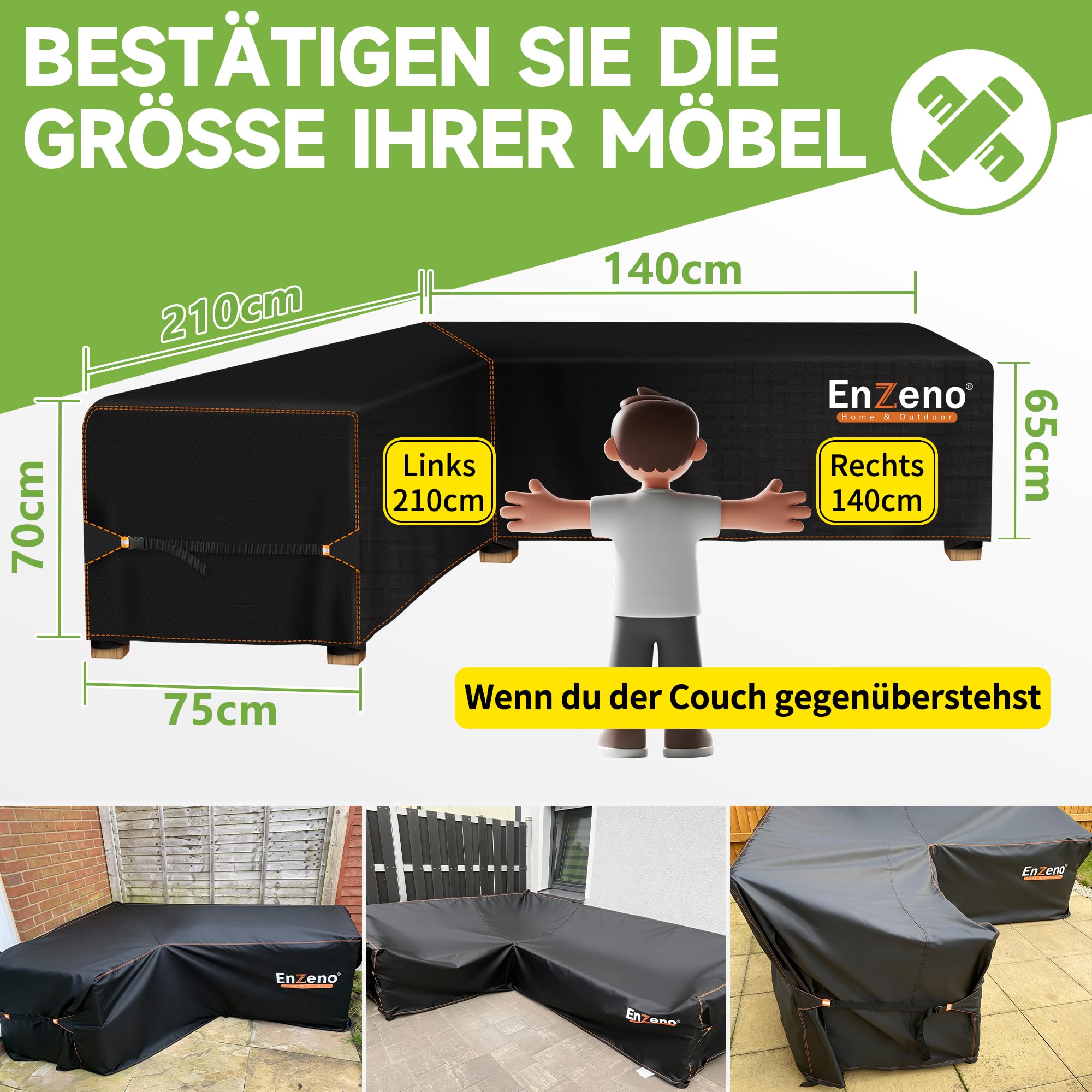Enzeno Cubierta para Muebles de jardín para sofás en Forma de L (Izquierda Larga y Derecha), Lona Impermeable para sofá de Esquina, con Rayas, Impermeable, 210 x 140 x 75 cm